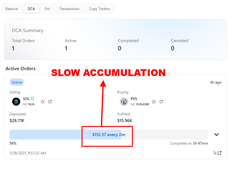 StalkHQ's tweet photo. A wallet is dripping $28.7K into $PVS at $112 every 2 mins. 

It’s not pumping the chart, and that’s the point. 

This is stealth accumulation to avoid alerts, stay unnoticed, and build size without waking the crowd. https://t.co/cH00cc7aZI
