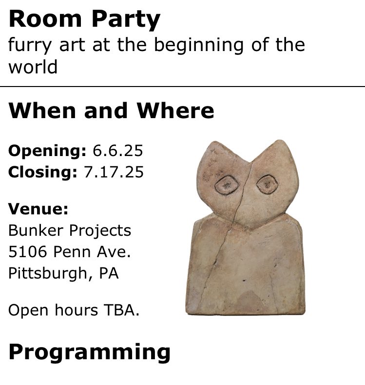 I’ve been waiting for a while to make this announcement on public channels, but i and a bunch of my friends will be taking part in a gallery show in Pittsburgh - the first ever group show of contemporary 18+ furry art in a gallery -concurrent to Anthrocon

room-party.com/?fbclid=PAQ0xD…