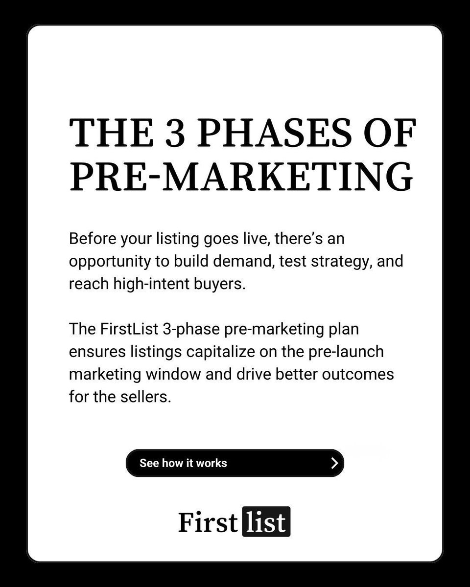 firstlistco's tweet image. Before your listing hits MLS®, there’s a proven way to ensure your launch is a success.

Introducing the FirstList 3-Phase Pre-Marketing Plan—built to drive demand, match motivated buyers early, and give your listings a head start.

👉 Swipe to see how it works.