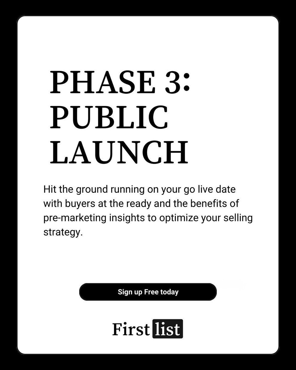 firstlistco's tweet image. Before your listing hits MLS®, there’s a proven way to ensure your launch is a success.

Introducing the FirstList 3-Phase Pre-Marketing Plan—built to drive demand, match motivated buyers early, and give your listings a head start.

👉 Swipe to see how it works.