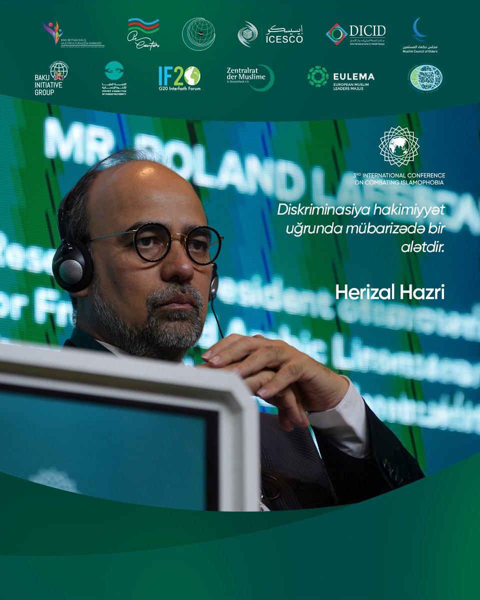 iicbaku2025's tweet photo. Herizal Hazri, Advisor to the UAE’s Higher Committee of Human Fraternity, highlighted the complex dynamics behind prejudice and discrimination, offering strategies for overcoming systemic bias.
#iicBaku2025 #GlobalSolidarity #PartnersForPeace #Islamophobia #IslamophobiaInFocus https://t.co/P3vlSaqJws