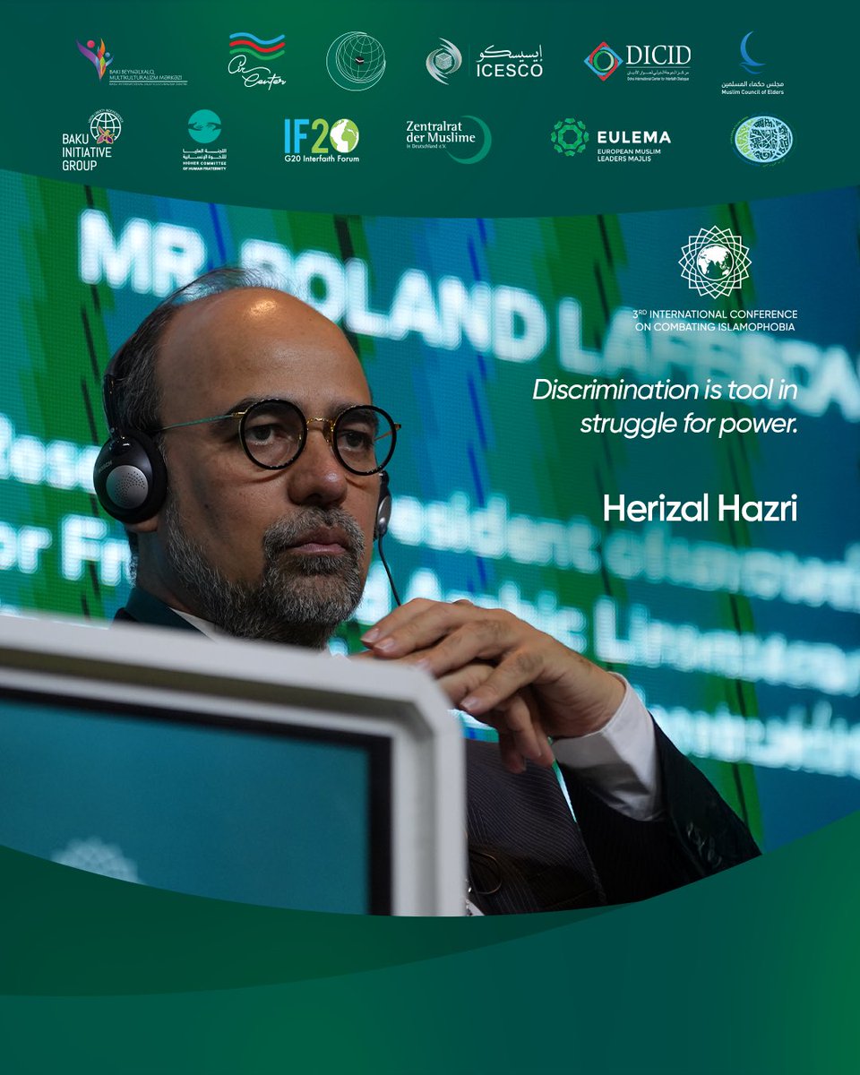 iicbaku2025's tweet photo. Herizal Hazri, Advisor to the UAE’s Higher Committee of Human Fraternity, highlighted the complex dynamics behind prejudice and discrimination, offering strategies for overcoming systemic bias.
#iicBaku2025 #GlobalSolidarity #PartnersForPeace #Islamophobia #IslamophobiaInFocus https://t.co/P3vlSaqJws