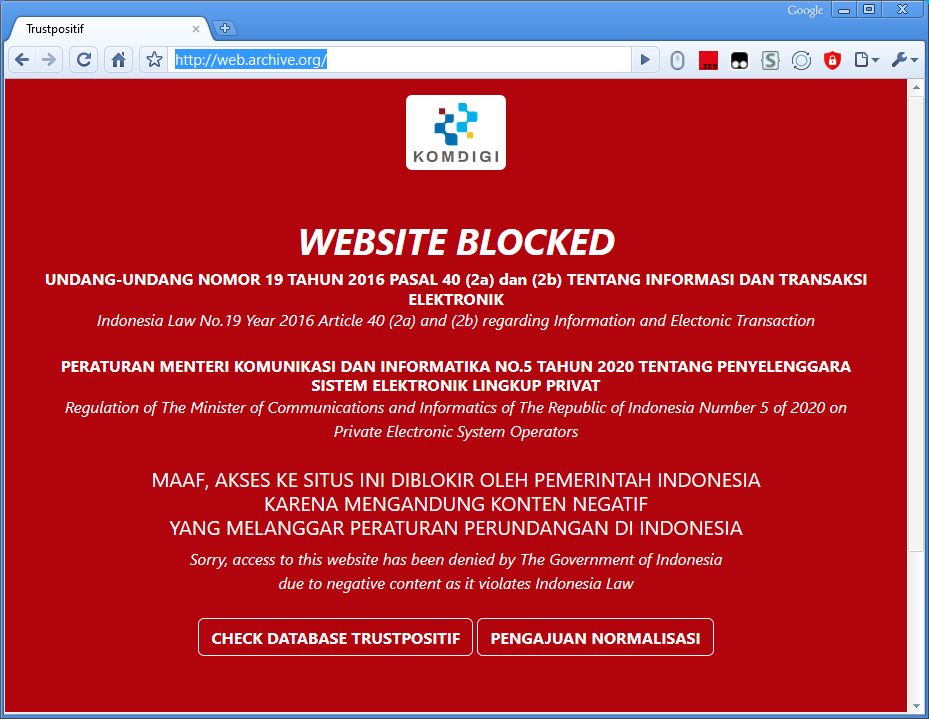 So apparently <a href="/internetarchive/">Internet Archive</a> is now blocked in Indonesia for... I don't know what reason. Thanks to <a href="/kemkomdigi/">Kementerian Komunikasi dan Digital</a> (aka. Indonesian Ministry of Digital and Communication), Indonesian people can't access 30 years of archive <a href="/brewster_kahle/">Brewster Kahle</a> 
Found by <a href="/tehmondspartan/">MondySpartan</a>