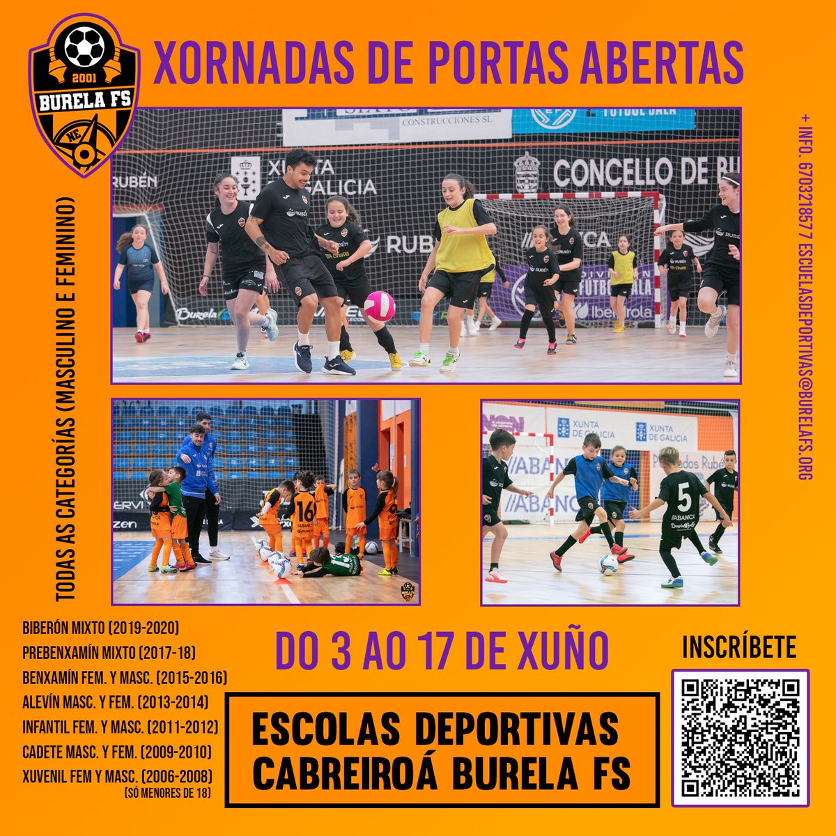 burelafs's tweet photo. Vén probar as nosas Escolas Deportivas, de forma gratuíta, do 3 ao 17 de xuño nas Xornadas de Portas Abertas para nenas e nenos de todas as idades! 🤩 

A qué estás esperando? 🤔 Inscríbete no QR ou a través deste enlace 👉 https://t.co/kWgauSTQ0J https://t.co/zhJdogRC4l