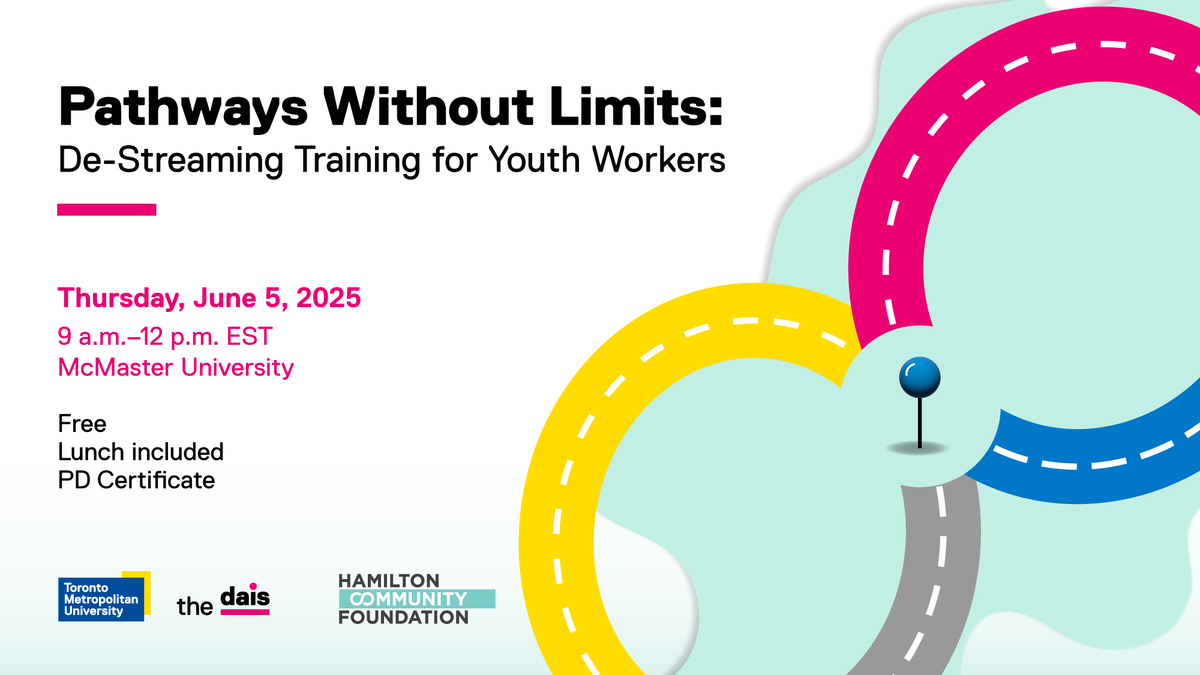 daisTMU's tweet image. Calling all #Hamilton -based youth workers! Looking for support on how to help students navigate #Ontario’s de-streaming changes?
Join us to learn how streaming policies affect course selection, post-secondary access, and more.
docs.google.com/forms/d/e/1FAI… #onted