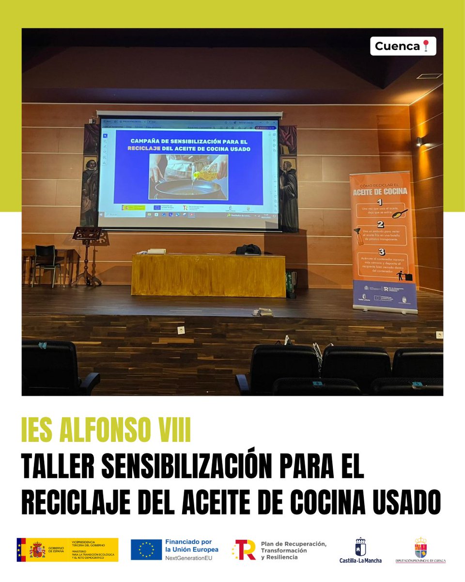 El IES Alfonso VIII ha acogido el taller de sensibilización sobre el reciclaje del aceite de cocina usado ♻️ <a href="/DipuCuenca/">Diputación de Cuenca</a>

✅ “Proyecto de mejora de la recogida separada de aceite de cocina usado generado en el ámbito doméstico, del comercio y servicios en la provincia de Cuenca”