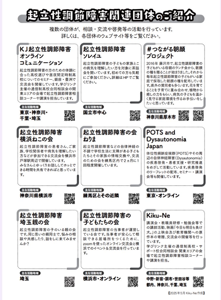 「起立性調節障害関連団体のご紹介」
掲載許可をいただいて作成しています
<a href="/kjocommu/">KJ起立性調節障害オンラインコミュニケーション</a>さん
<a href="/od_soleil0425/">起立性調節障害 ソレイユ(東京都)</a>さん
<a href="/tsunagaruasagao/">起立性調節障害ファミリーサポート🌱#つながる朝顔プロジェクト</a>さん
<a href="/odyokohamaneko/">起立性調節障害 横浜ねこの会</a>さん
<a href="/odnerima/">起立性調節障害の会ねりま</a>さん
<a href="/POTSandD/">POTS and D Japan</a>さん
<a href="/supporting_OD/">起立性調節障害の子どもたちの会</a>さん
起立性調節障害埼玉親の会さん
そしてKiku-Ne
必要な方に届きますように☺️
#起立性調節障害