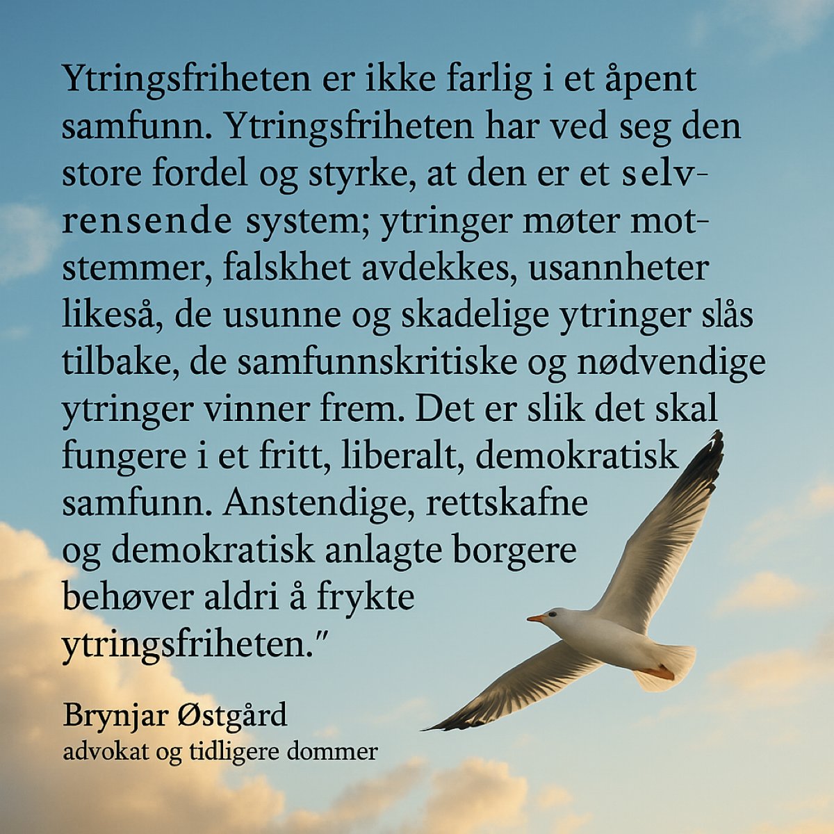 Her er en lakmustest for demokratisk sinnelag:

Føler du deg truet av dette utsagnet? Da er det ikke ytringsfriheten som er problemet – men ditt eget forhold til frihet.

Hvis det er frihet som provoserer deg, er det ikke de frie som er farlige – det er du.

Dette sitatet burde