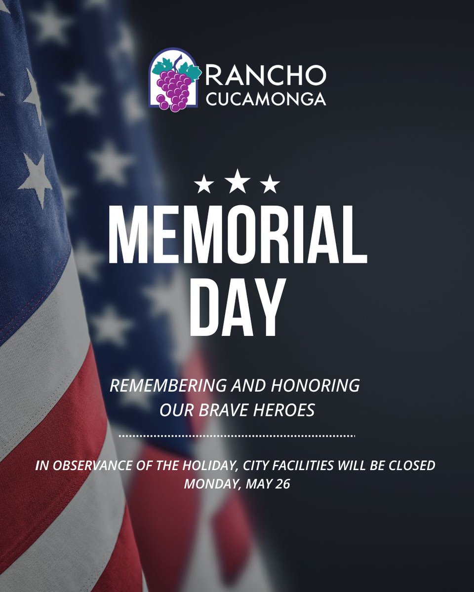 Today, we honor and remember the brave men and women who gave their lives in service to our nation.  
In observance of Memorial Day, all city facilities will be closed on Monday, May 26. Many of our services are available online 24/7 at CityofRC.us.