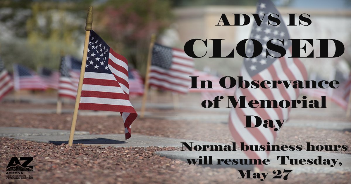 All ADVS offices are closed today in observance of Memorial Day. Please remember to take this day to remember the sacrifices of our fallen military service members.

Normal business hours will resume tomorrow, Tuesday, May 27.