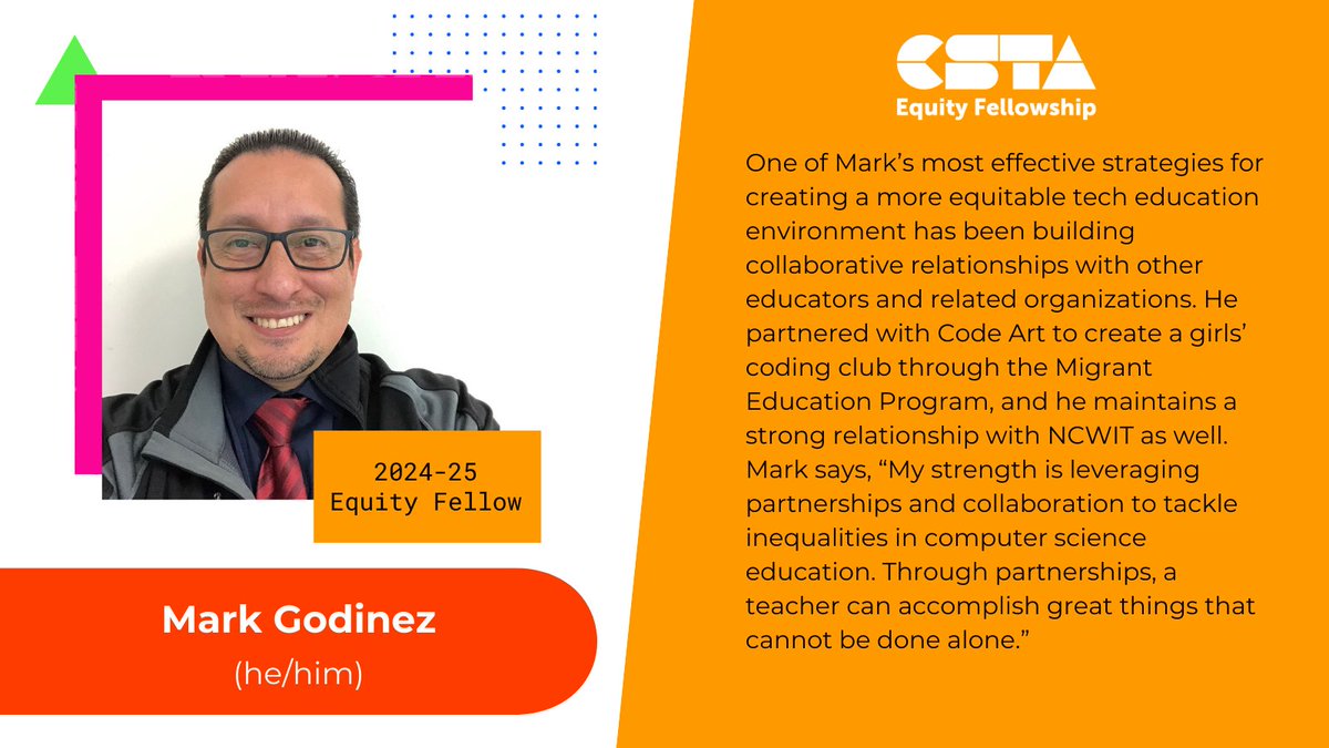 Meet #CSTAEquityFellow Mark Godinez, a high school computer science teacher leveraging partnerships and collaboration to tackle inequalities in computer science education.

Read more about Mark: ow.ly/1vHj50VTj8H