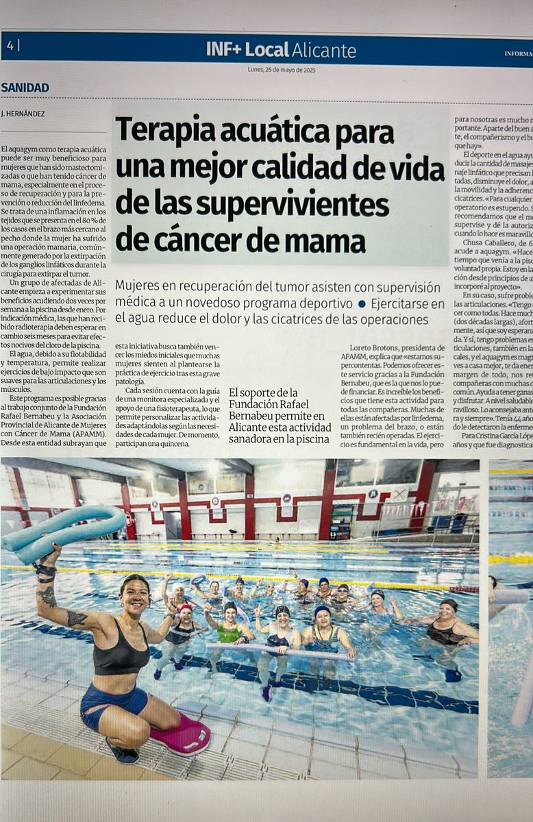 ¡ESTAMOS EN EL PERIÓDICO! Hoy el Diario Información pone en valor una de nuestras iniciativas, las clases de Aquagym para nuestras socias.

🔗 Pincha aquí para ver la entrevista: bit.ly/43mRy3q
🔄 ¡Comparte!