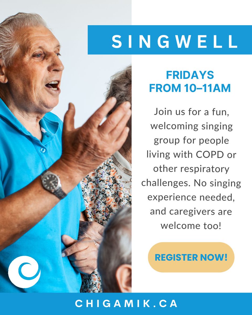 CHIGAMIK's tweet photo. πΆ SingWell at CHIGAMIK! πΆ
Join us Fridays from 10β11am for SingWell β a fun, welcoming singing group for people living with COPD or other respiratory challenges.
π CHIGAMIK Community Health Centre
π Register online: https://t.co/bHIU15BbBH
#SingWell #COPDsupport https://t.co/HJN7MUvKyD