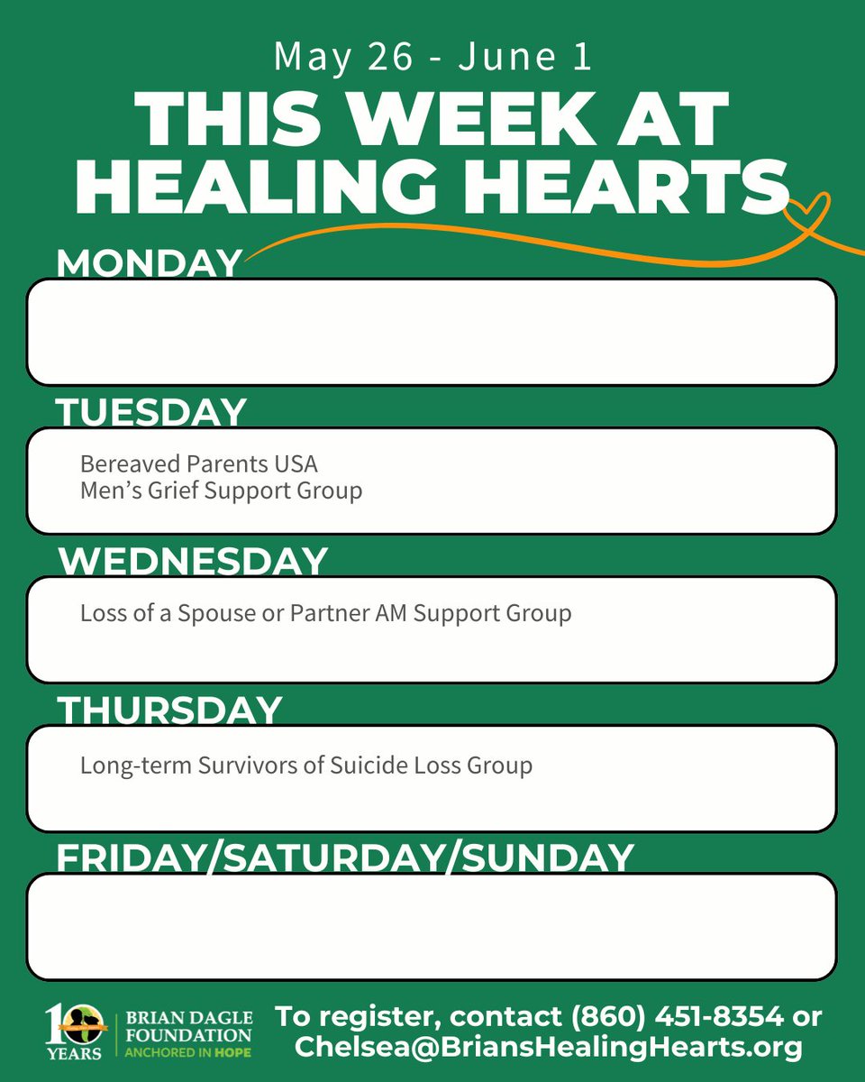 BTDFDN's tweet image. 📅 THIS WEEK AT BRIAN'S HEALING HEARTS 📅
⁠
FOR MORE INFORMATION:⁠
☎️ CALL (860) 451-8354⁠
📧 EMAIL Chelsea@BriansHealingHearts.org⁠
📲 VISIT BriansHealingHearts.org⁠/Events⁠
⁠
#griefandhealing #healinggrief #griefrecovery #griefandlosssupport #griefawareness #suicideloss