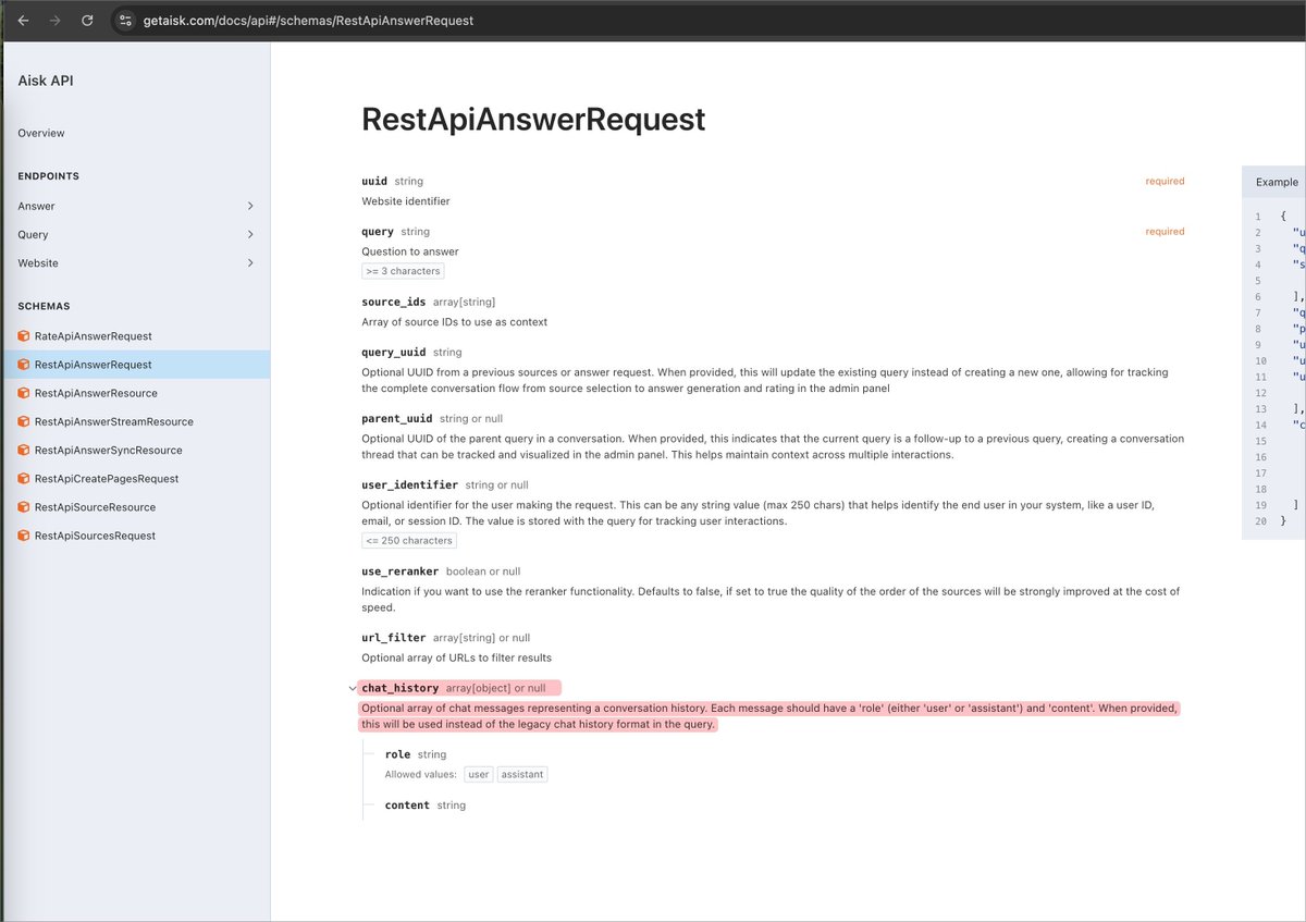 get_aisk's tweet photo. For our API users 🦾: We now allow 'chat_history' field so you can implement a chat-like flow for your users! https://t.co/7xevFhzzZf