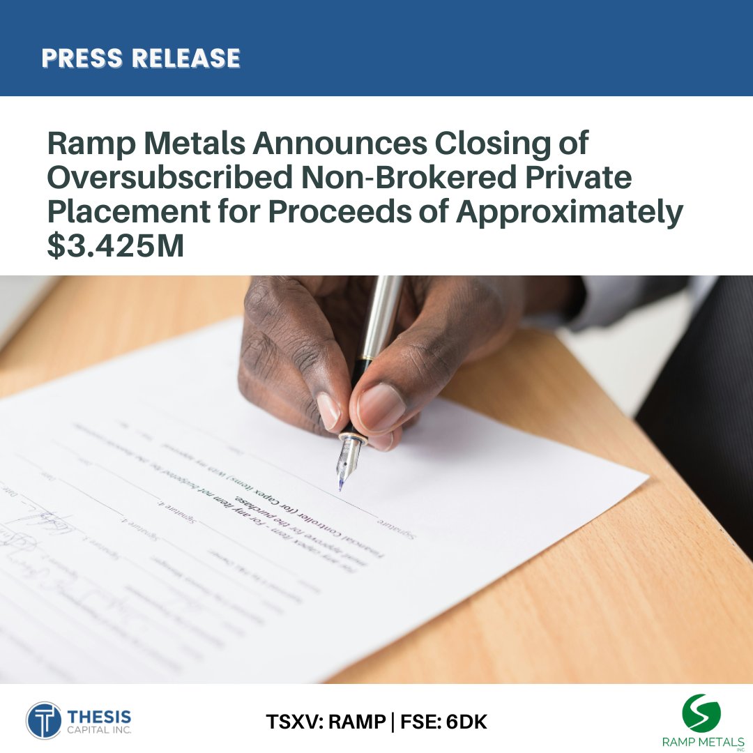 Thesis Capital Inc. (@thesiscap) on Twitter photo Press Release: <a href="/RampMetals/">Ramp Metals Inc. (TSXV: RAMP) (FSE: 6DK)</a> | $RAMP.V #6DK
Ramp Metals closes oversubscribed $3.425M private placement.
🔷$3.07M raised via charity flow-through shares
🔷Proceeds to fund critical #mineral exploration in #Saskatchewan
PR: tinyurl.com/4bjj2crm
#gold #copper #juniormining Press Release: <a href="/RampMetals/">Ramp Metals Inc. (TSXV: RAMP) (FSE: 6DK)</a> | $RAMP.V #6DK
Ramp Metals closes oversubscribed $3.425M private placement.
🔷$3.07M raised via charity flow-through shares
🔷Proceeds to fund critical #mineral exploration in #Saskatchewan
PR: tinyurl.com/4bjj2crm
#gold #copper #juniormining