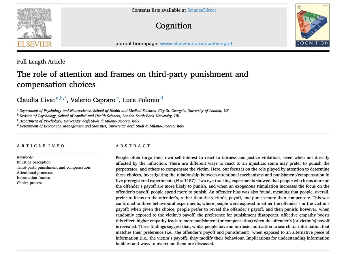 ValerioCapraro's tweet image. 🔥New paper out: we found evidence of an "offender bias".
In two eye-tracking and three behavioral experiments, we examined how third parties respond when observing a perpetrator taking money from a victim.
We found several results, including:
1) People direct more visual…