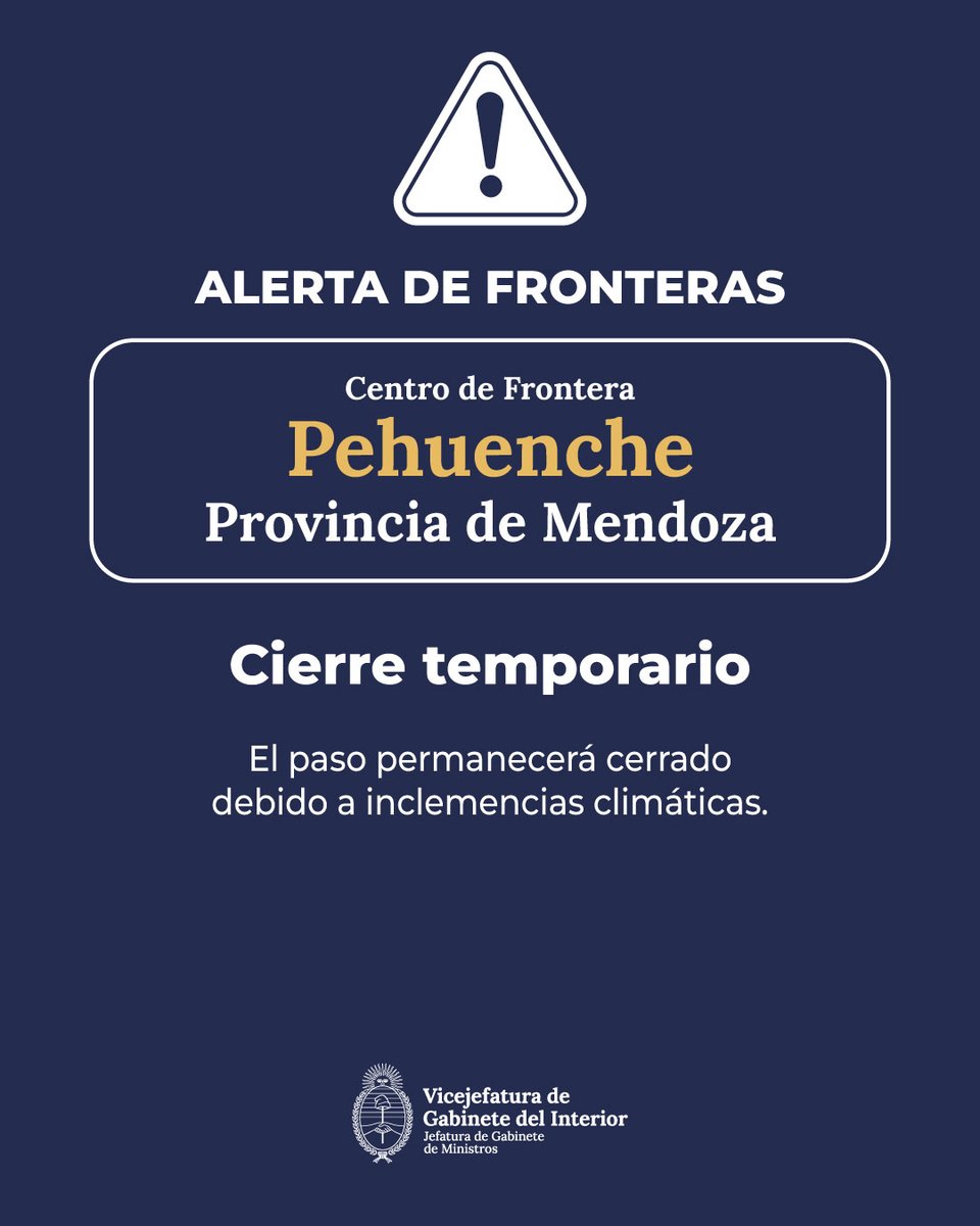 El Centro de Frontera Pehuenche, en la provincia de Mendoza, permanecerá cerrado hasta nuevo aviso debido a condiciones climáticas adversas. 

🔗 Consultá el estado actualizado en argentina.gob.ar/pehuenche