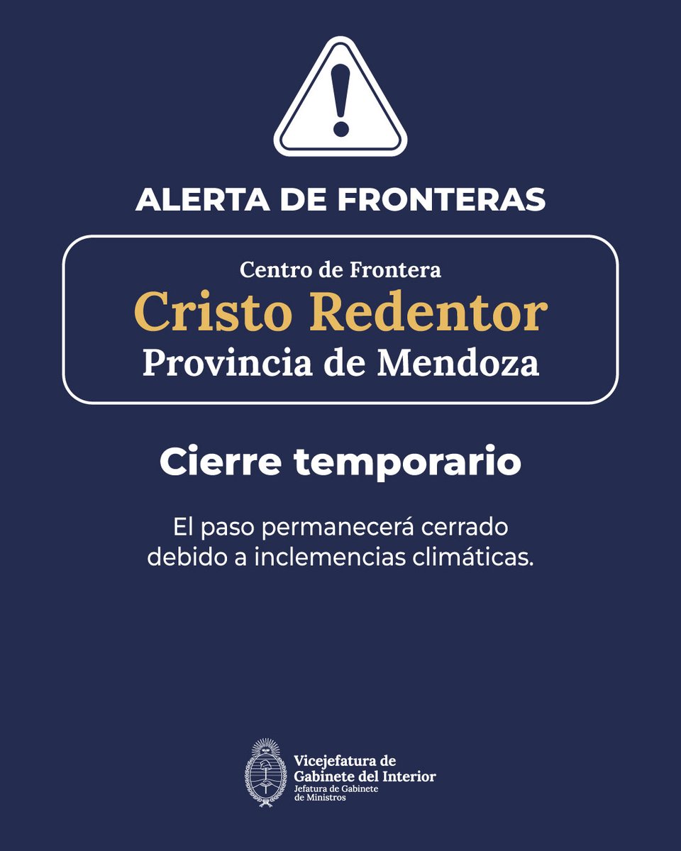 El Centro de Frontera Cristo Redentor, en la provincia de Mendoza, permanecerá cerrado hasta nuevo aviso debido a inclemencias climáticas. 

🔗 Consultá el estado actualizado en argentina.gob.ar/cristo-redentor
