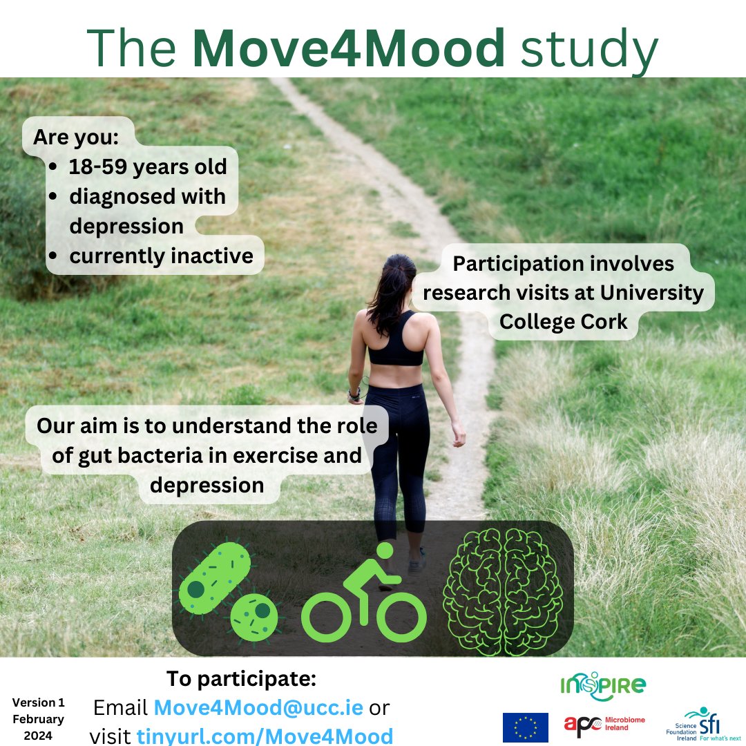 APC Microbiome Ireland (@pharmabiotic) on Twitter photo Are you interested in how exercise may affect symptoms of depression and mood?
Researchers at APC microbiome Ireland <a href="/UCC/">UCC Ireland</a> are now recruiting participants!
If interested email move4mood@ucc.ie or click here tinyurl.com/Move4Mood Are you interested in how exercise may affect symptoms of depression and mood?
Researchers at APC microbiome Ireland <a href="/UCC/">UCC Ireland</a> are now recruiting participants!
If interested email move4mood@ucc.ie or click here tinyurl.com/Move4Mood