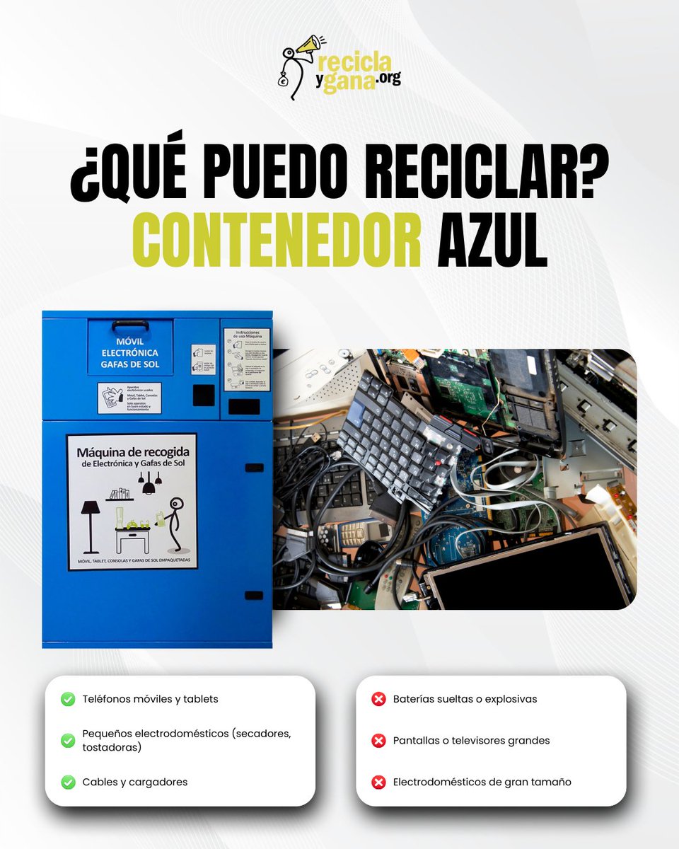 🔌 ¿QUÉ PUEDO RECICLAR? CONTENEDOR DE ELECTRÓNICA ♻️

¿Tienes móviles viejos, cables o pequeños electrodomésticos por casa? 📱🔋

♻️ ¡Dale una segunda vida a tu tecnología y gana recompensas mientras cuidas el planeta! 🌍💚