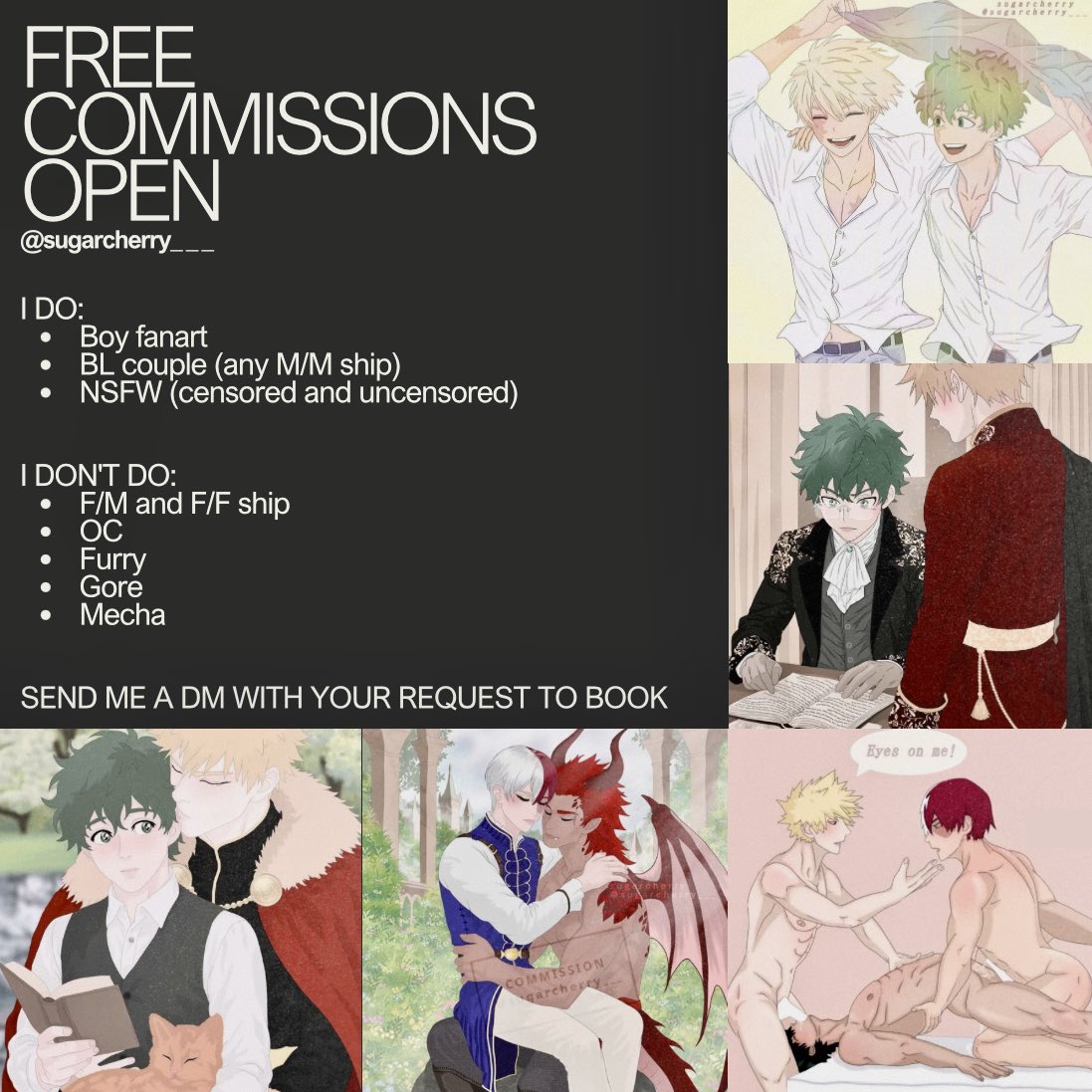 FREE COMMISSIONS
The first 3 to book get a free comm: fan art of any male character or BL couple, NSFW included
Each takes 10 days. So, 1st gets it in 10, 2nd in 20, and so on.

Send me a DM with your request to book!
#CommissionsOpen #ArtCommissions #mha #bkdk #tddk #krdk #krtd