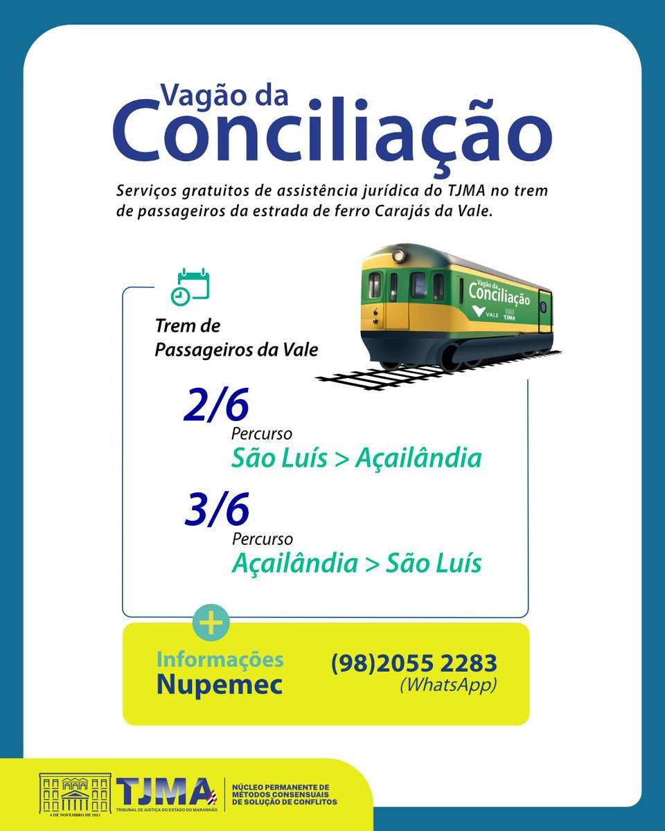 TJMA promove nova edição do Vagão da Conciliação nos dias 2 e 3/6. Saiba mais: tjma.jus.br/midia/portal/n…