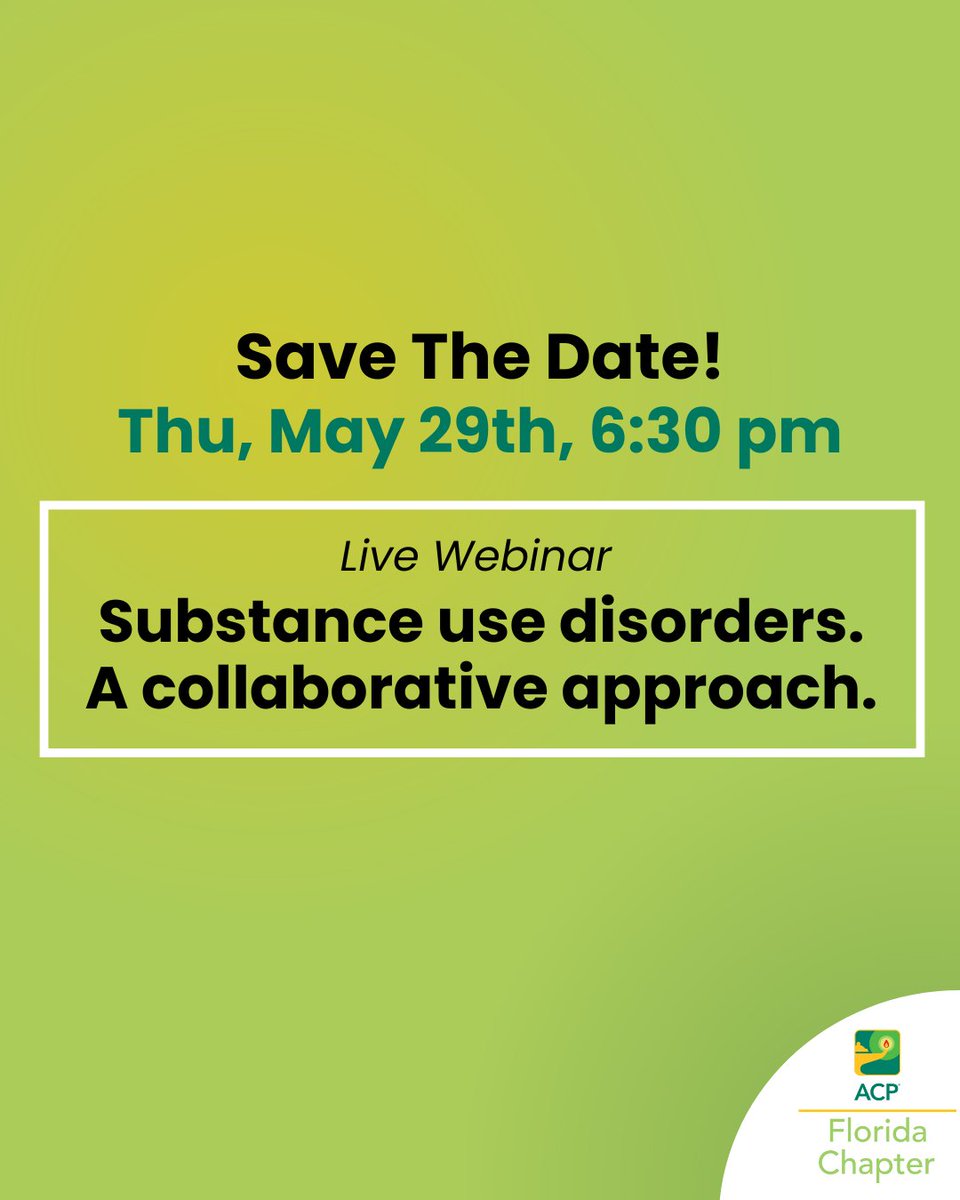 🔔 Reminder: Our webinar on Substance Use Disorders is this Wed, May 29 at 6:30 PM ET! 🧠🏥 Don’t miss this expert panel on addiction care across Psychiatry, Internal Med &amp; Therapy.

✨ Still time to register:shorturl.at/gYxDl

#ACPFlorida #Webinar #MedicalEducation