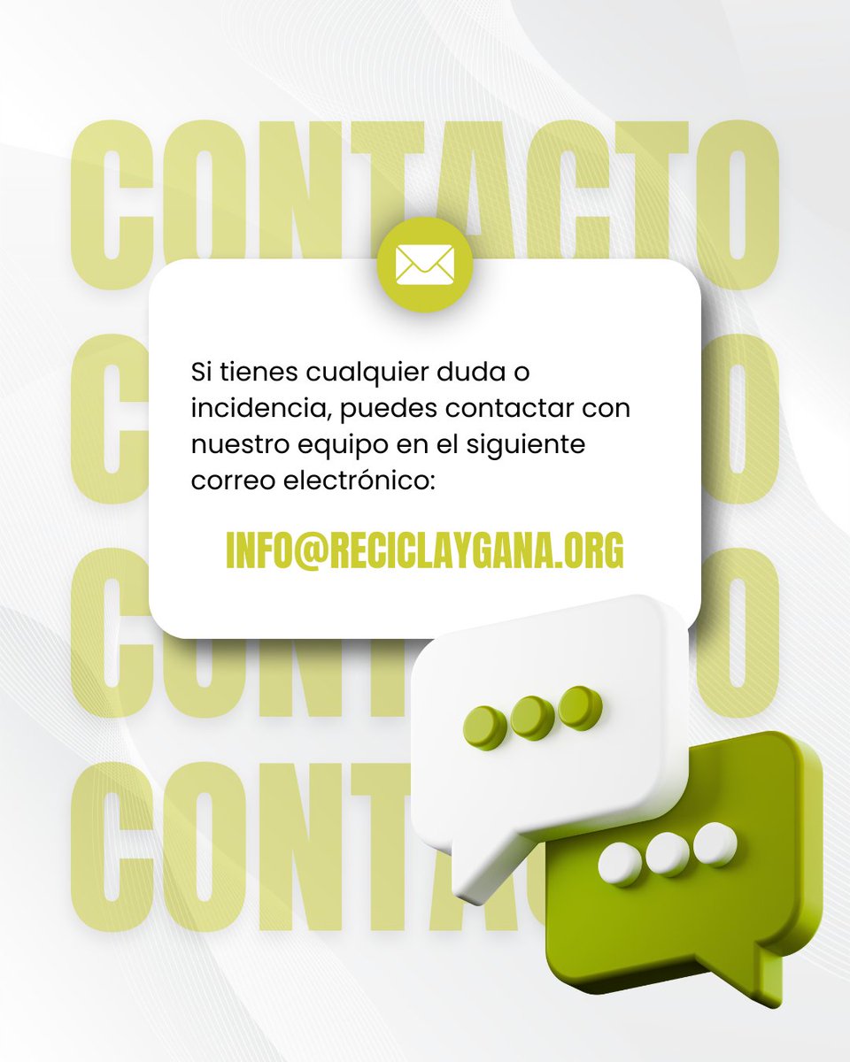 📩 ¿Tienes dudas o alguna incidencia?

Si necesitas más información sobre los contenedores, los materiales reciclables o el funcionamiento de Recicla y Gana, puedes escribirnos a:

✉️ info@reciclaygana.org

Nuestro equipo estará encantado de atenderte✅