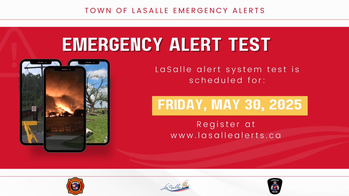 We will be testing the LaSalle Alerts mass notification system on Friday, May 30. 

Are you in our system? Sign up today at lasallealerts.ca to ensure we can send messages to you in times of emergency such as flooding, boil water advisories, etc.