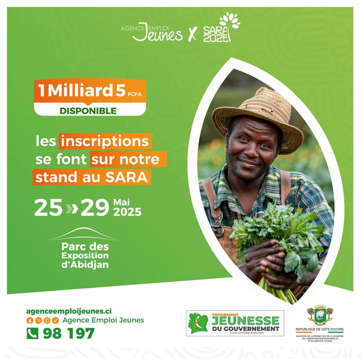 Stagiaires volontaires SCAD, jeunes de Côte d’Ivoire, 1,5 milliard FCFA vous attendent au SARA 2025 ! Ayez un projet agro-pastoral, inscrivez-vous au stand de l’AEJ du 25 au 29 mai. Semez aujourd’hui, récoltez demain ! #AgriJeunes #OSCN #SCAD #SARA2025