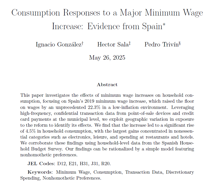 Pedro Trivín (@pedrotrivn) on Twitter photo 🚨 New paper alert!: "Consumption Responses to a Major Minimum Wage Increase: Evidence from Spain" (w/ <a href="/Nacho2G/">Nacho González</a> & Hector Sala). We study how a historic 22.3% minimum wage (MW) rise affected household spending. Key findings below! #EconTwitter #MinimumWage 🚨 New paper alert!: "Consumption Responses to a Major Minimum Wage Increase: Evidence from Spain" (w/ <a href="/Nacho2G/">Nacho González</a> & Hector Sala). We study how a historic 22.3% minimum wage (MW) rise affected household spending. Key findings below! #EconTwitter #MinimumWage