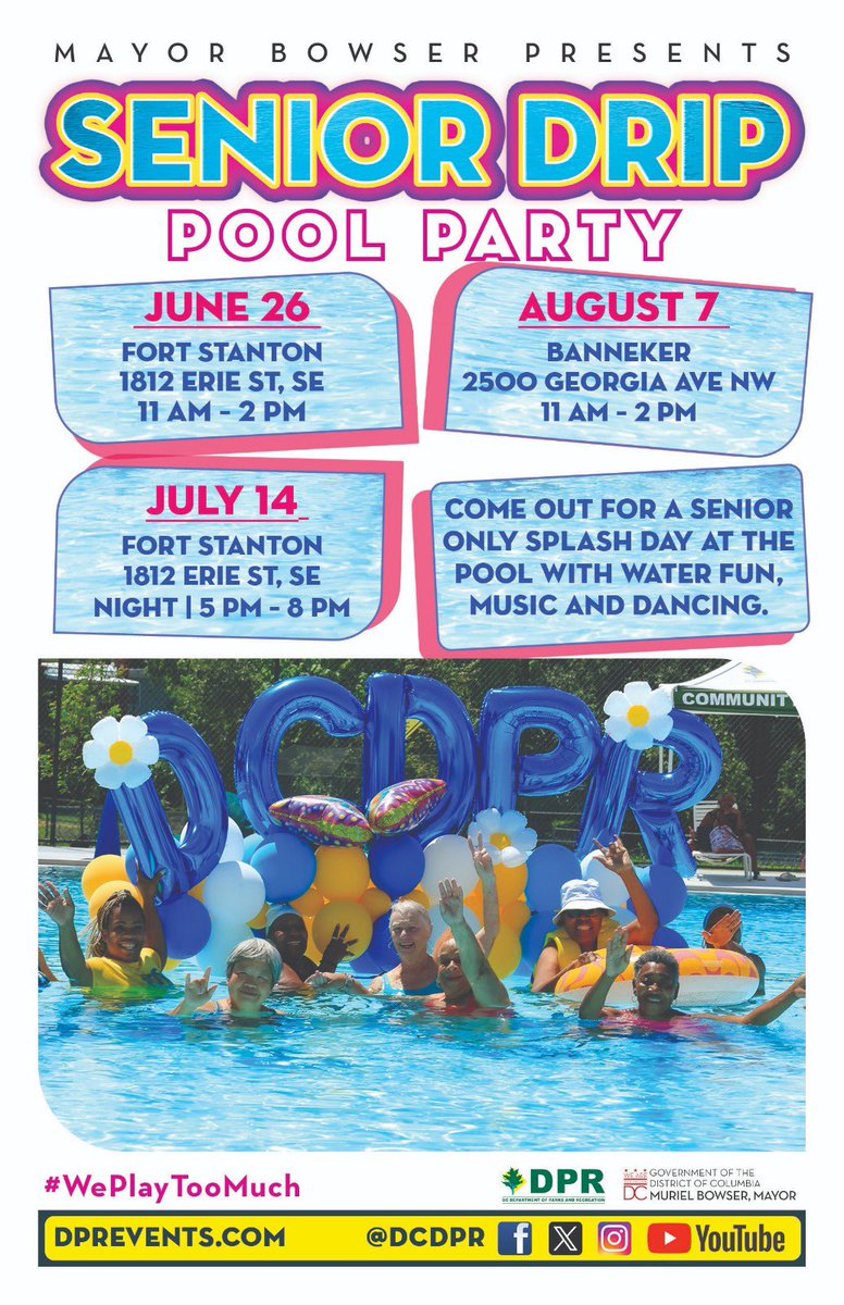 Mayor Muriel Bowser (@mayorbowser) on Twitter photo We love DC seniors, and we know DC seniors love our rec centers and pools!
This summer, <a href="/DCDPR/">DC Parks & Recreation #WhereFunHappens</a> is hosting senior-only pool parties with music, dancing, and community fun.
Make sure the senior in your life marks their calendar for Senior Drip⬇️ We love DC seniors, and we know DC seniors love our rec centers and pools!
This summer, <a href="/DCDPR/">DC Parks & Recreation #WhereFunHappens</a> is hosting senior-only pool parties with music, dancing, and community fun.
Make sure the senior in your life marks their calendar for Senior Drip⬇️