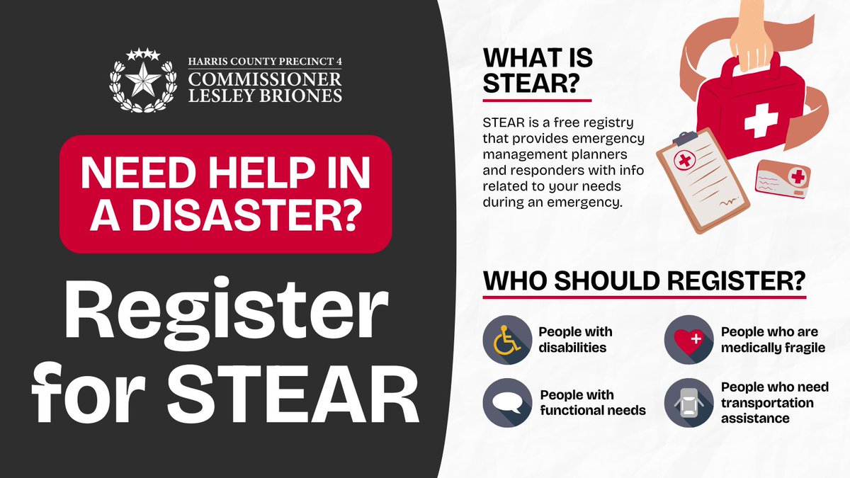 HCPrecinct4's tweet photo. Need help in a disaster?

Register for STEAR, a free, confidential registry to help first responders assist:
✔️ People w/ disabilities
✔️ Medically fragile folks
✔️ Those needing transport

🖊️Register today: https://t.co/4WGRaJrFIN 

Plan ahead. Stay safe. 💪
#STEAR #EmergencyPreparedness #HCPrecinct4