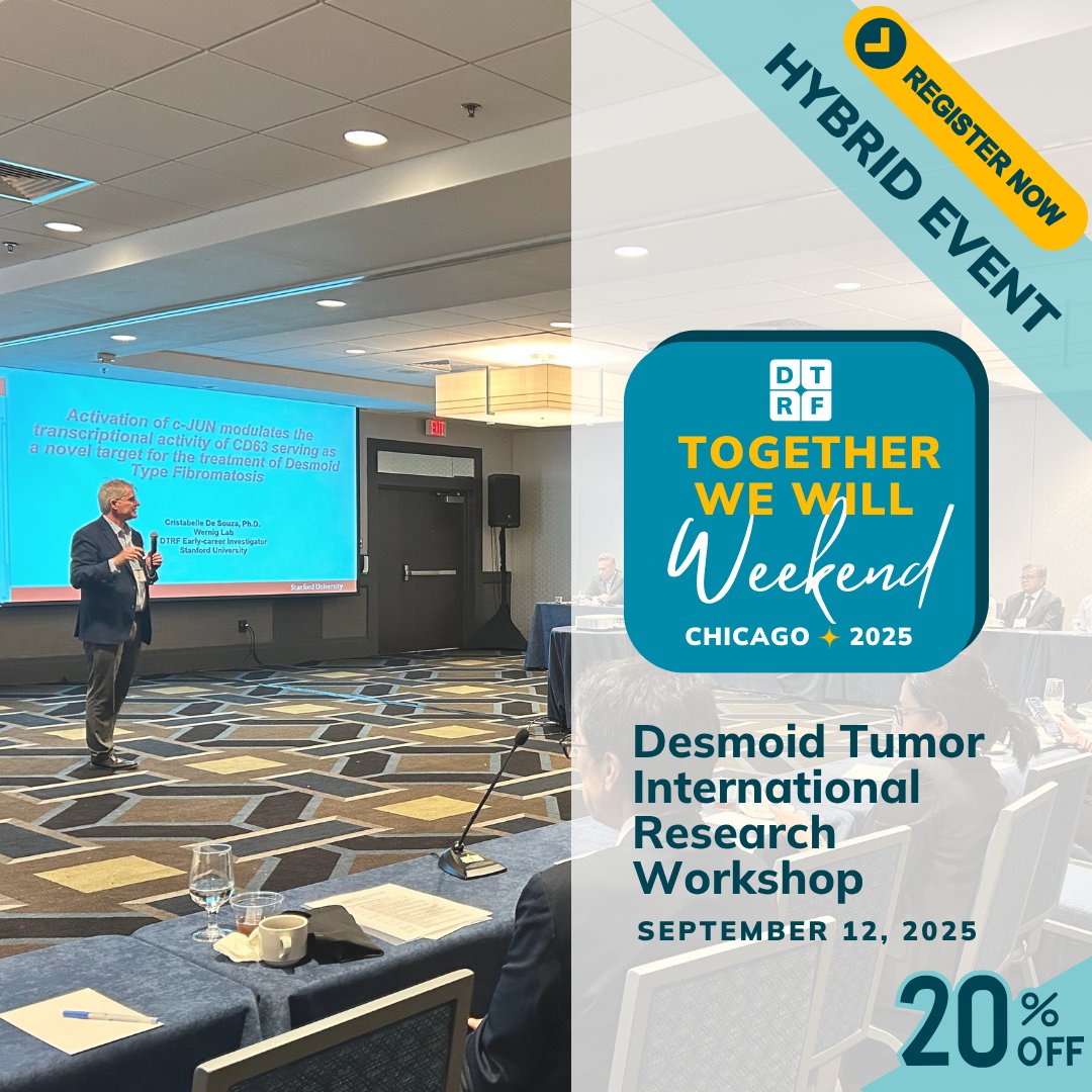 DTRFoundation's tweet image. 🎟️ Register to attend the DTRF Int&apos;l Desmoid Tumor Research Workshop in-person or virtually here: donate.dtrf.org/TWW2025. 

✨ Use the promo code TWWCHICAGO20 for 20% off your registration by June 1st!

#desmoid #DTRF