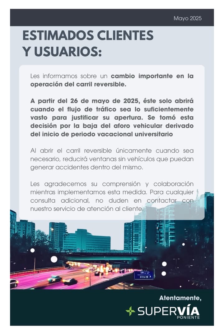 Supervia_CDMX's tweet photo. Por inicio de vacaciones, el carril reversible abrirá solo si el flujo lo requiere.
Vigente desde el 26 de mayo.
#AcércateConSupervía #CarrilReversible #MovilidadSegura #PrevenciónVial https://t.co/ai1jy00Wz6