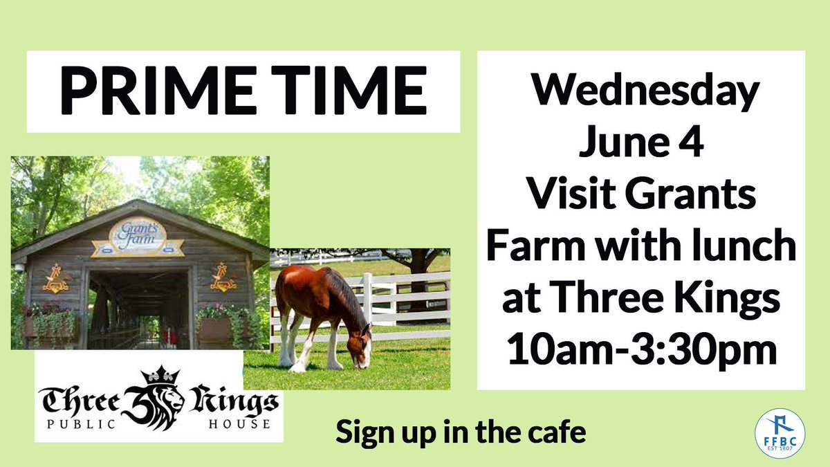 FeeFeeBC's tweet photo. 🐎 Prime Time Alert: Grants Farm trip coming soon!
📅 Wednesday, June 4 | 10am-3:30pm
Only 1 week to sign up for our day at Grants Farm with lunch at Three Kings! Register in the cafe.
#PrimeTime #FeeFeeBC https://t.co/qVUBtpc8Wz