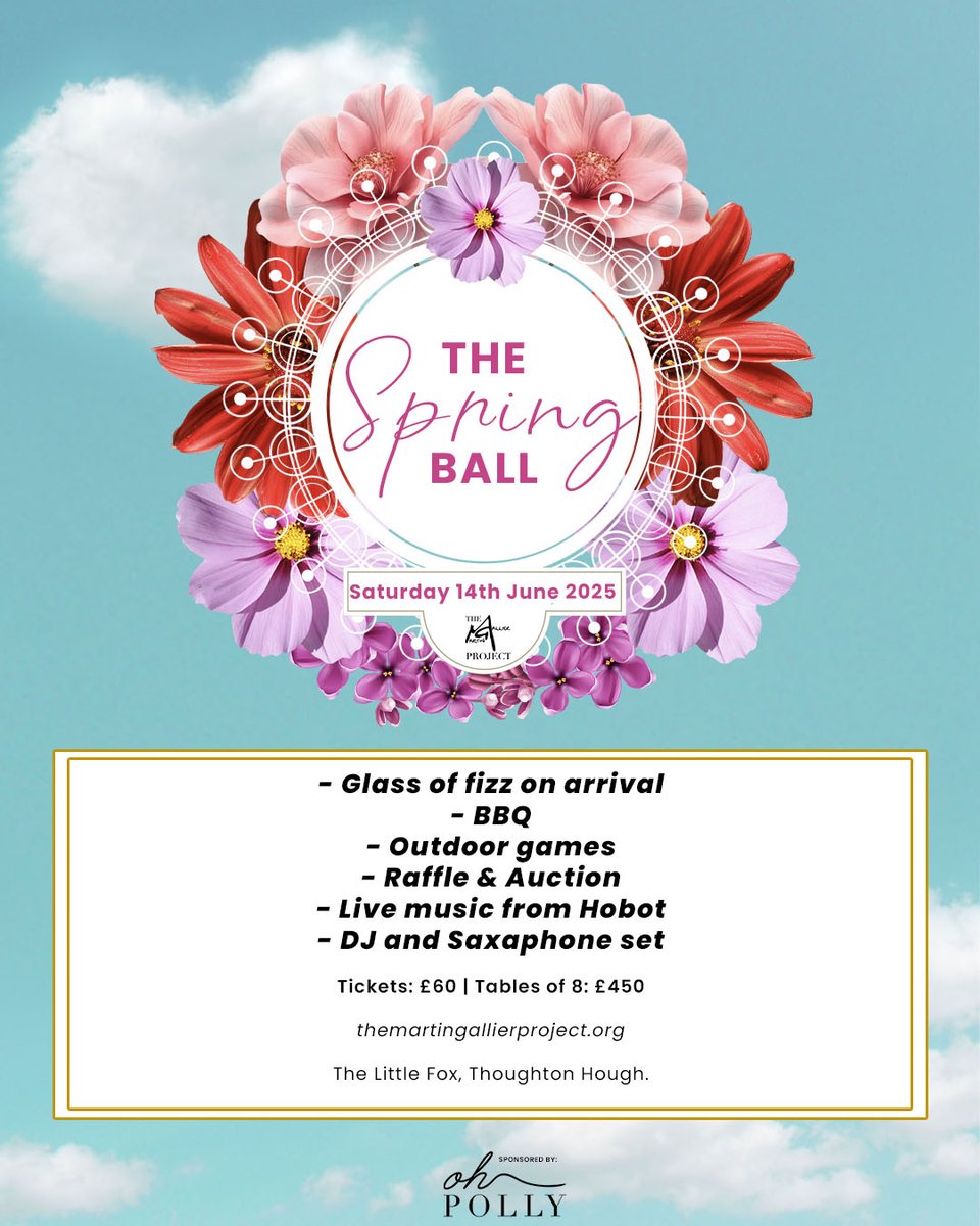 🌸 The MGP Spring Ball.

🥂 Glass of fizz on arrival.
🎟️ Raffles and auctions.
🥁Live music from Hobot.
🎷 DJ and saxaphone set.
😋 BBQ.

and more... get your tickets today: themartingallierporject.org