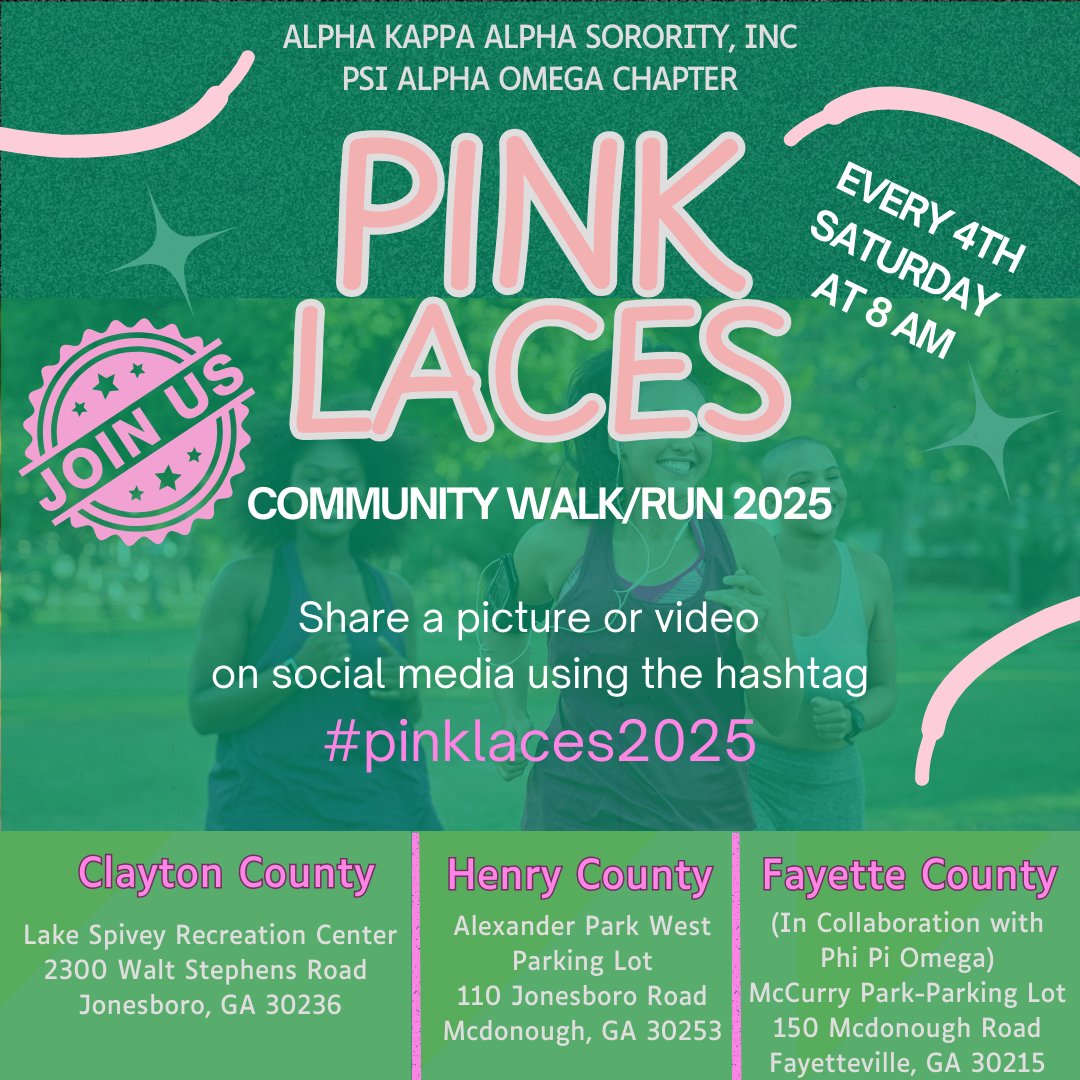 "Join us every 4th Saturday of the month.
•if you cannot make the walk consider joining virtually wherever you are and post your location. 
•Share your picture walking in person or virtually with the #Pinklaces2025  
Stay tune for other Pink Laces events! 🩷🩷🩷🩷"