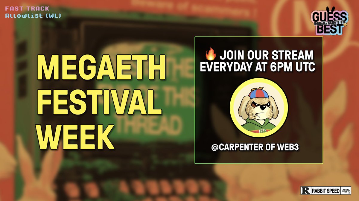 Excited to announce that <a href="/CarpenterOfWeb3/">Carpenter of Web3⚒️📈</a> will be streaming <a href="/playguessbest/">Guess.best</a> everyday at 6pm UTC during the <a href="/megaeth_labs/">MegaETH</a> Festival Week ! 🔥