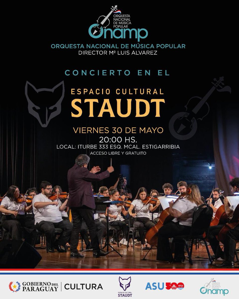 Este viernes 30 de mayo el Espacio Cultural Staudt se llenará de música paraguaya con la ONAMP. Obras emblemáticas de nuestra música serán interpretadas esa noche. 
📍 Espacio Cultural Staudt
🗓️ Viernes 30 de mayo 
🎟️ ACCESO LIBRE Y GRATUITO
¡Les esperamos!