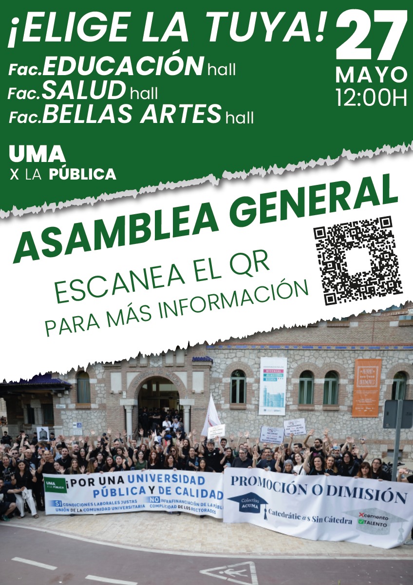 CPAD UMA (@cpaduma48207) on Twitter photo <a href="/colectivoacuma/">acuma</a> <a href="/participaCIMA/">Colectivo Investigador de Málaga</a> <a href="/FdE_Malaga/">FdE Málaga</a> <a href="/EFEnoticias/">EFE Noticias</a> <a href="/eldiarioes/">elDiario.es</a> <a href="/La_SER/">Cadena SER</a> <a href="/A3Noticias/">Antena 3 Noticias</a> <a href="/noticias_cuatro/">Noticias Cuatro</a> <a href="/elpais_espana/">EL PAÍS España</a> <a href="/informativost5/">Informativos Telecinco</a> <a href="/_infoLibre/">infoLibre</a> <a href="/LaVanguardia/">La Vanguardia</a> <a href="/abc_es/">ABC.es</a> <a href="/OndaCero_es/">Onda Cero</a> BASTA DE RECORTES!!
Mañana tendremos 3 asambleas a las 12h (con paro convocado de 11:30-14:30) en:
-Facultad de Ciencias de la Educación
-Facultad de Ciencias de la Salud
-Facultad de Bellas Artes
Esperamos a TODA nuestra COMUNIDAD UNIVERSITARIA
Difunde!
#UMAXLAPÚBLICA ✊ <a href="/colectivoacuma/">acuma</a> <a href="/participaCIMA/">Colectivo Investigador de Málaga</a> <a href="/FdE_Malaga/">FdE Málaga</a> <a href="/EFEnoticias/">EFE Noticias</a> <a href="/eldiarioes/">elDiario.es</a> <a href="/La_SER/">Cadena SER</a> <a href="/A3Noticias/">Antena 3 Noticias</a> <a href="/noticias_cuatro/">Noticias Cuatro</a> <a href="/elpais_espana/">EL PAÍS España</a> <a href="/informativost5/">Informativos Telecinco</a> <a href="/_infoLibre/">infoLibre</a> <a href="/LaVanguardia/">La Vanguardia</a> <a href="/abc_es/">ABC.es</a> <a href="/OndaCero_es/">Onda Cero</a> BASTA DE RECORTES!!
Mañana tendremos 3 asambleas a las 12h (con paro convocado de 11:30-14:30) en:
-Facultad de Ciencias de la Educación
-Facultad de Ciencias de la Salud
-Facultad de Bellas Artes
Esperamos a TODA nuestra COMUNIDAD UNIVERSITARIA
Difunde!
#UMAXLAPÚBLICA ✊