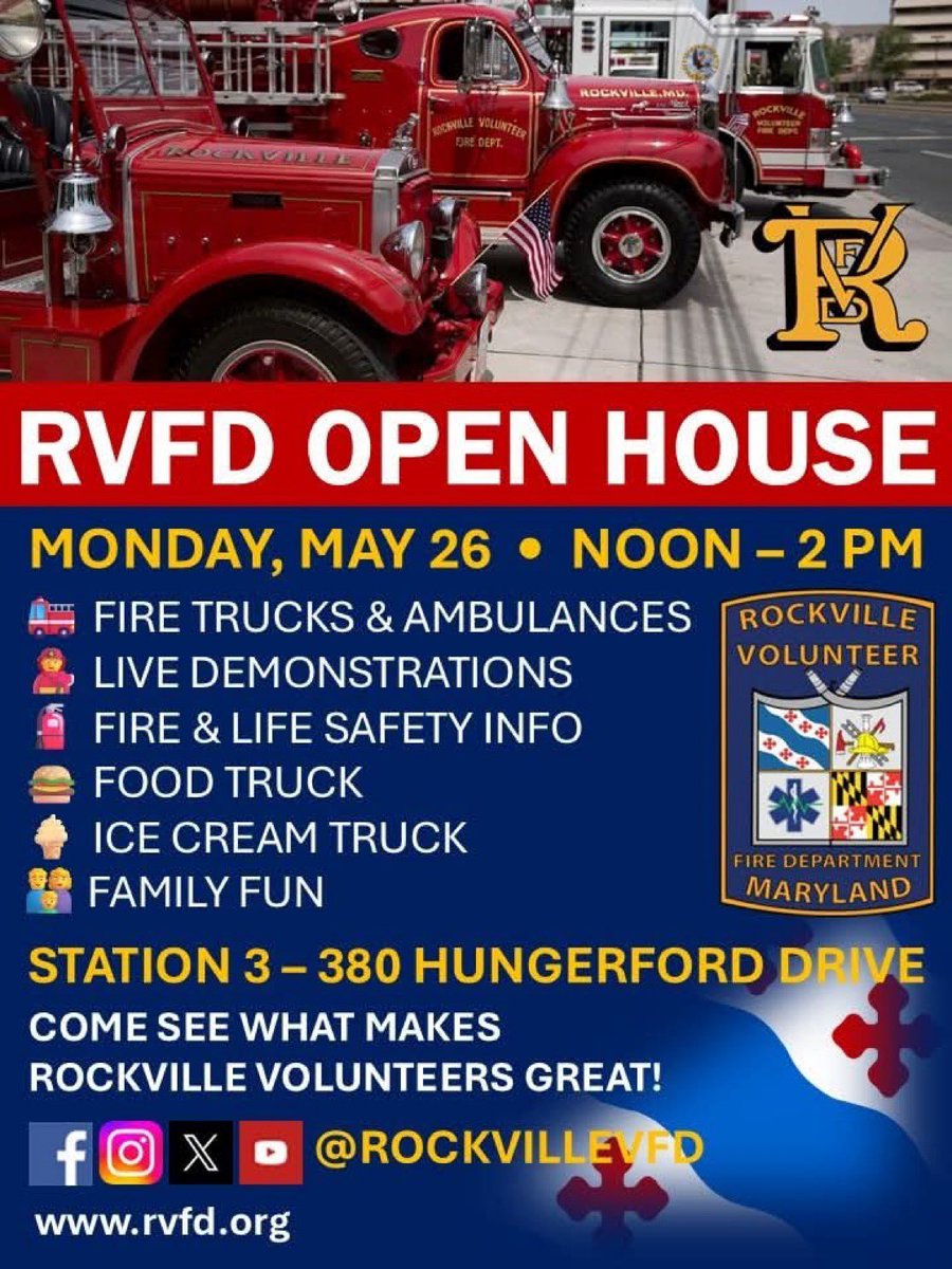 Pete Piringer (@mcfrspio) on Twitter photo TODAY Memorial Day Monday, May 26
**Noon to 2pm OPEN HOUSE
<a href="/RockvilleVFD/">Rockville Volunteer Fire Department, Inc</a> <a href="/mcfrs/">MontgomeryCo(MD)Fire</a> <a href="/mcvfra/">MoCo(MD) Vol. Fire</a> TODAY Memorial Day Monday, May 26
**Noon to 2pm OPEN HOUSE
<a href="/RockvilleVFD/">Rockville Volunteer Fire Department, Inc</a> <a href="/mcfrs/">MontgomeryCo(MD)Fire</a> <a href="/mcvfra/">MoCo(MD) Vol. Fire</a>