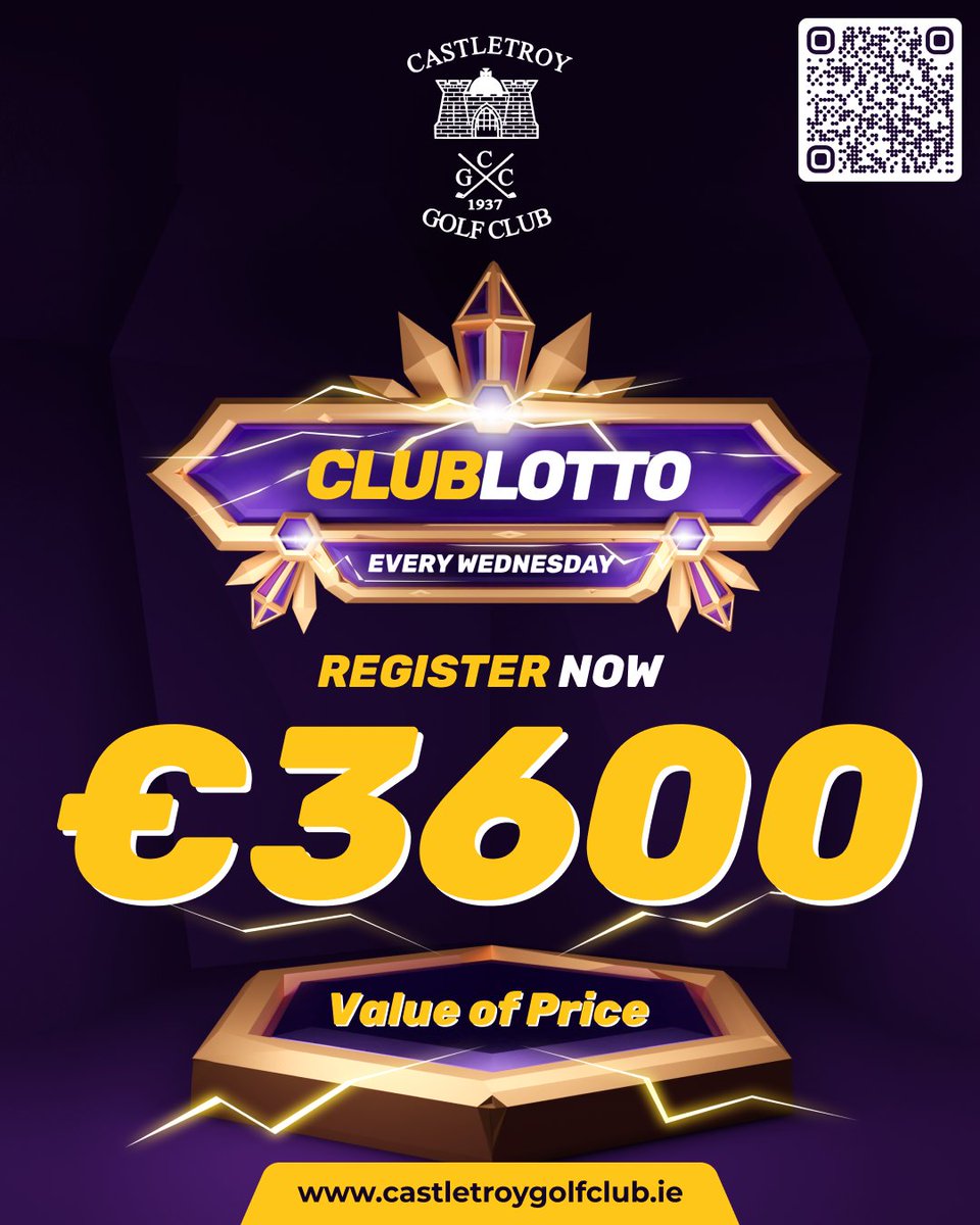 CastletroyGC's tweet photo. 💸 €3,600 up for Grabs Every Wednesday!

Join the @CastletroyGC Club Lotto — support the course, chase the win. 🎯

📲 Scan the QR or register online. 

Don’t miss this week’s draw.

#ClubLotto #GolfAndWin #CastletroyGolfClub #JackpotAlert #WednesdayWin #GolfLife #IrishGolf https://t.co/lcUVD2jdV1