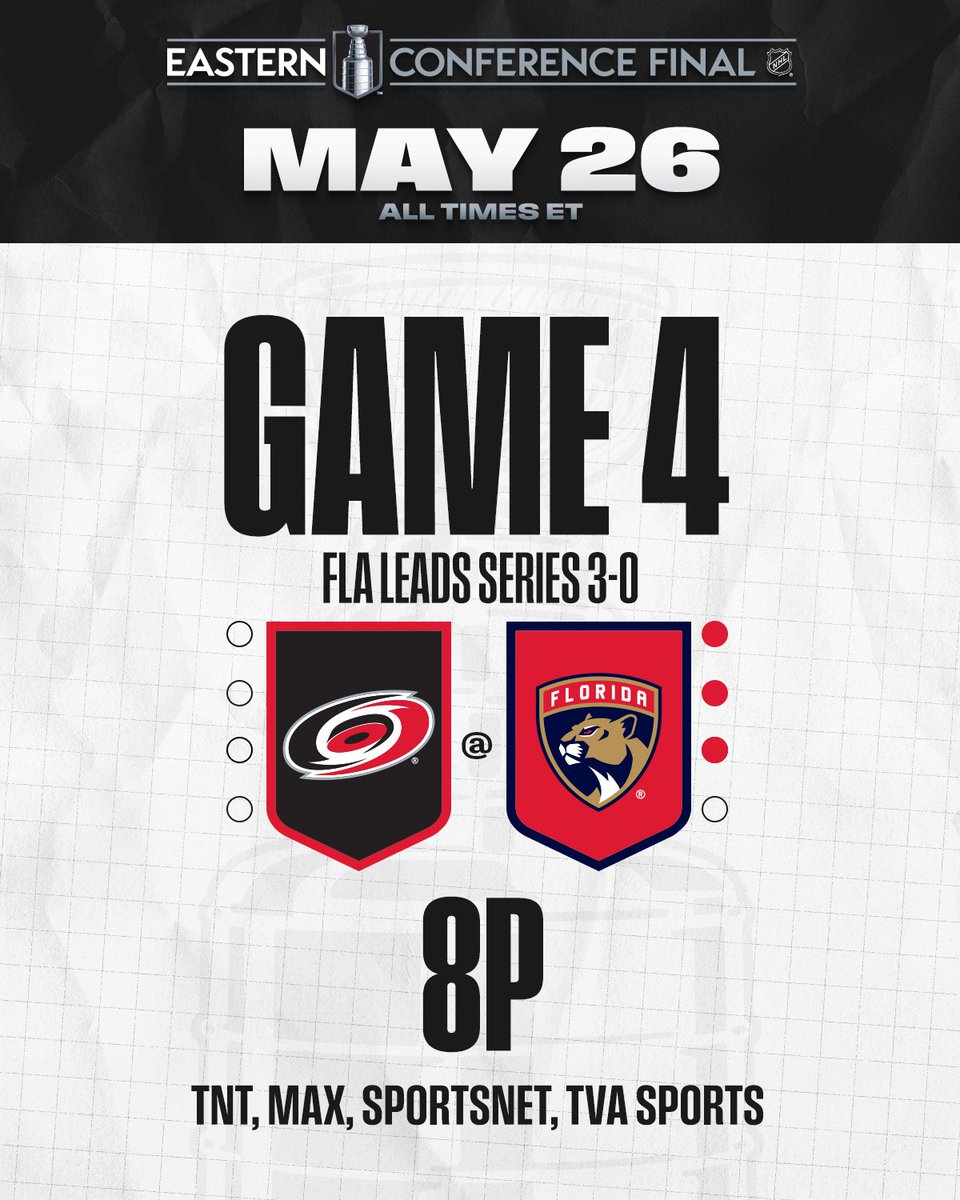 NHL (@nhl) on Twitter photo 🗣️ The <a href="/FlaPanthers/">x - Florida Panthers</a> are one win away from their third consecutive #StanleyCup Final appearance, while the <a href="/Canes/">Carolina Hurricanes</a> hope to make a dent in the Panthers' series lead!
The Eastern Conference Final continues TONIGHT at 8p ET on <a href="/NHL_On_TNT/">NHLonTNT</a>, <a href="/SportsonMax/">Sports on Max</a>, <a href="/Sportsnet/">Sportsnet</a>, and <a href="/TVASports/">TVA Sports</a>. 🗣️ The <a href="/FlaPanthers/">x - Florida Panthers</a> are one win away from their third consecutive #StanleyCup Final appearance, while the <a href="/Canes/">Carolina Hurricanes</a> hope to make a dent in the Panthers' series lead!
The Eastern Conference Final continues TONIGHT at 8p ET on <a href="/NHL_On_TNT/">NHLonTNT</a>, <a href="/SportsonMax/">Sports on Max</a>, <a href="/Sportsnet/">Sportsnet</a>, and <a href="/TVASports/">TVA Sports</a>.