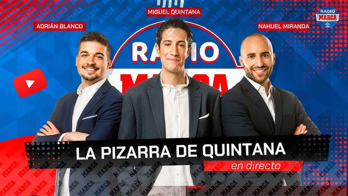 Radio MARCA (@radiomarca) on Twitter photo 🎙️¡Arranca EL DEBATE de LA PIZARRA DE QUINTANA!
🔝 En directo hasta las 18:00❗️
👨🏫<a href="/migquintana/">Miguel Quintana</a>
👨🏫<a href="/nahuelmirandada/">Nahuel Miranda</a>
👨🏫<a href="/AdrianBlanco_/">Adrián Blanco</a>
🕵️<a href="/jcasquero/">Javi Casquero</a>
🕵️<a href="/Sandradiazarcas/">Sandra Díaz Arcas</a>
🕵️<a href="/PabloLopezRadio/">Pablo López</a>
🔥#PizarraQuintana
📺youtube.com/watch?v=XahUHl… 🎙️¡Arranca EL DEBATE de LA PIZARRA DE QUINTANA!
🔝 En directo hasta las 18:00❗️
👨🏫<a href="/migquintana/">Miguel Quintana</a>
👨🏫<a href="/nahuelmirandada/">Nahuel Miranda</a>
👨🏫<a href="/AdrianBlanco_/">Adrián Blanco</a>
🕵️<a href="/jcasquero/">Javi Casquero</a>
🕵️<a href="/Sandradiazarcas/">Sandra Díaz Arcas</a>
🕵️<a href="/PabloLopezRadio/">Pablo López</a>
🔥#PizarraQuintana
📺youtube.com/watch?v=XahUHl…