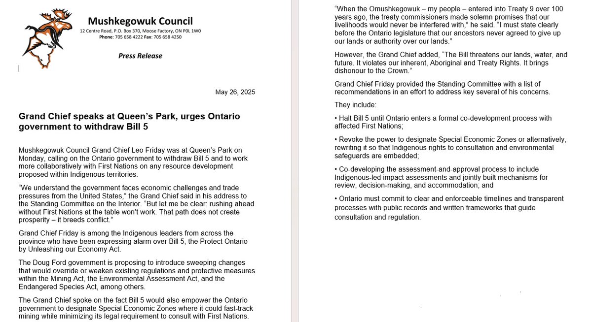 Mushkegowuk Council Grand Chief Leo Friday, along with Lands &amp; Resources Director Lawrence Martin, addressed the Standing Committee on the Interior at Queen's Park on May 26, 2025 re: Bill 5.
You can view the entire 7-minute presentation at youtube.com/watch?v=tg3JVU…