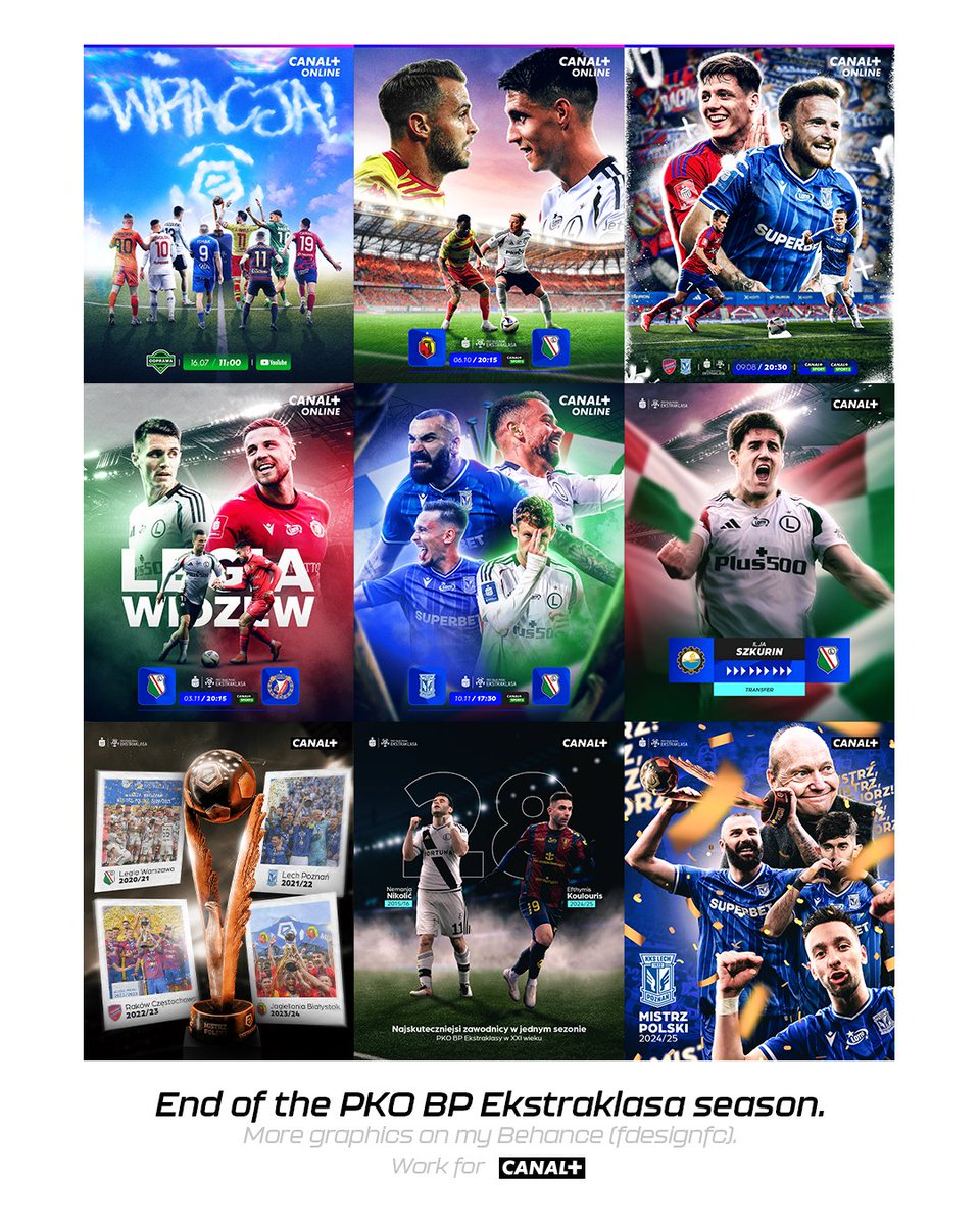 fdesignfc's tweet photo. 🔚Koniec sezonu, a więc czas trochę zacząć podsumowywać. Na pierwszy ogień nasza kochana Ekstraklasa!🤩

➡️Poniżej moje ulubione prace z tego sezonu, które wykonałem dla @CANALPLUS_SPORT ☺️🔥

#smsports https://t.co/n6ZCkO90ti