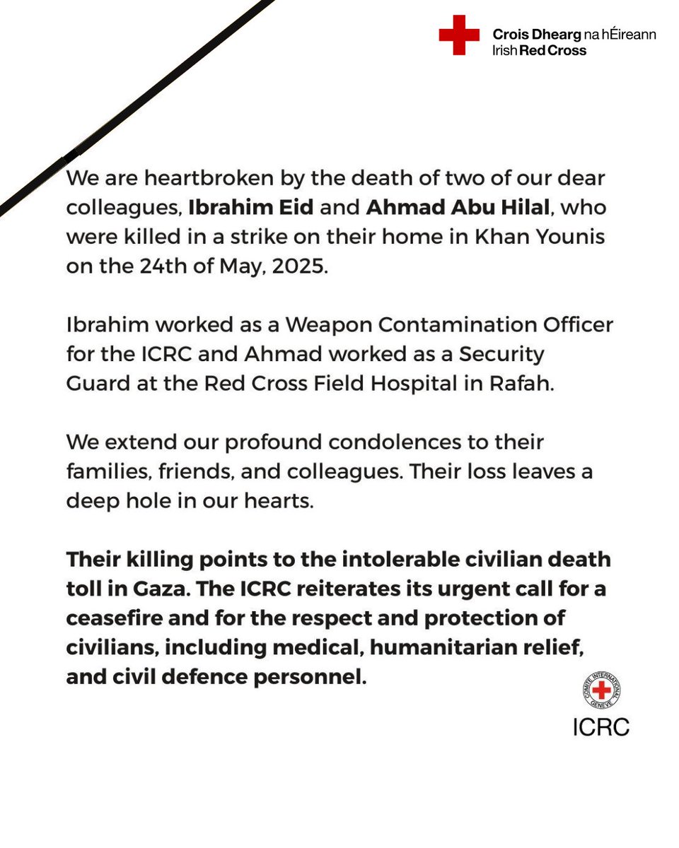 Nobody should go to work with a target on their back.
Two more of our #RedCrossRedCrescent colleagues have been killed in #Gaza.
We mourn their loss.
We demand protection for all humanitarian workers.
We call again for an immediate #ceasefire and the protection of civilians.