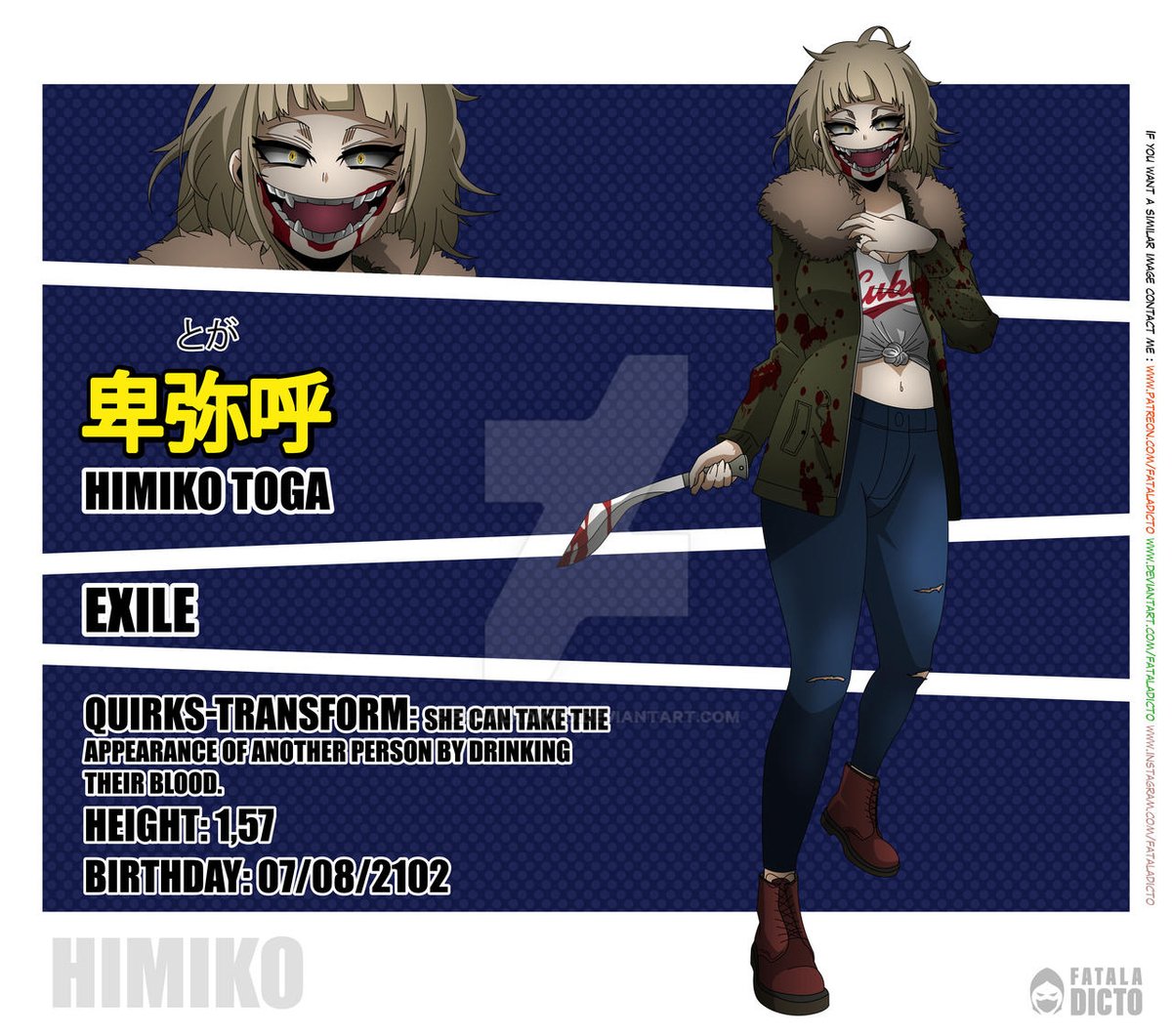 Fataladicto (@fataladicto) on Twitter photo Commission for <a href="/DragonstoneH/">DragonstoneH</a>
EN: Inspired by Orphan Black's unhinged but strangely charming killer Helena, this Himiko clone is the "Exile", far from home and hungry for blood.
#himikotoga #togahimiko #MyHeroAcademia #MHA #BNHA #BokuNoHeroAcademia #toga Commission for <a href="/DragonstoneH/">DragonstoneH</a>
EN: Inspired by Orphan Black's unhinged but strangely charming killer Helena, this Himiko clone is the "Exile", far from home and hungry for blood.
#himikotoga #togahimiko #MyHeroAcademia #MHA #BNHA #BokuNoHeroAcademia #toga
